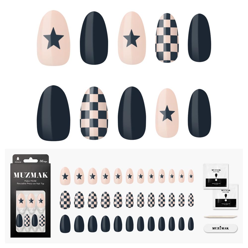 MUZMAK 36Pcs Reusable Press on Nails Long - Halloween Almond Shaped Fake Nails with Cute Gel Designs (Draw Night) | Perfect for Parties, Cosplay & Special Occasions
