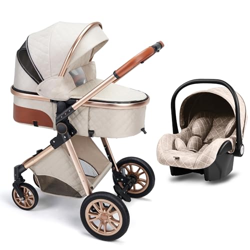 3-in-1 Convertible Baby Stroller with Bassinet & Toddler Seat | Foldable Lightweight Travel Stroller | Reversible Adjustable Infant Stroller for Newborn to Toddler | Perfect for Shopping, Travel & Daily Walks (Beige)