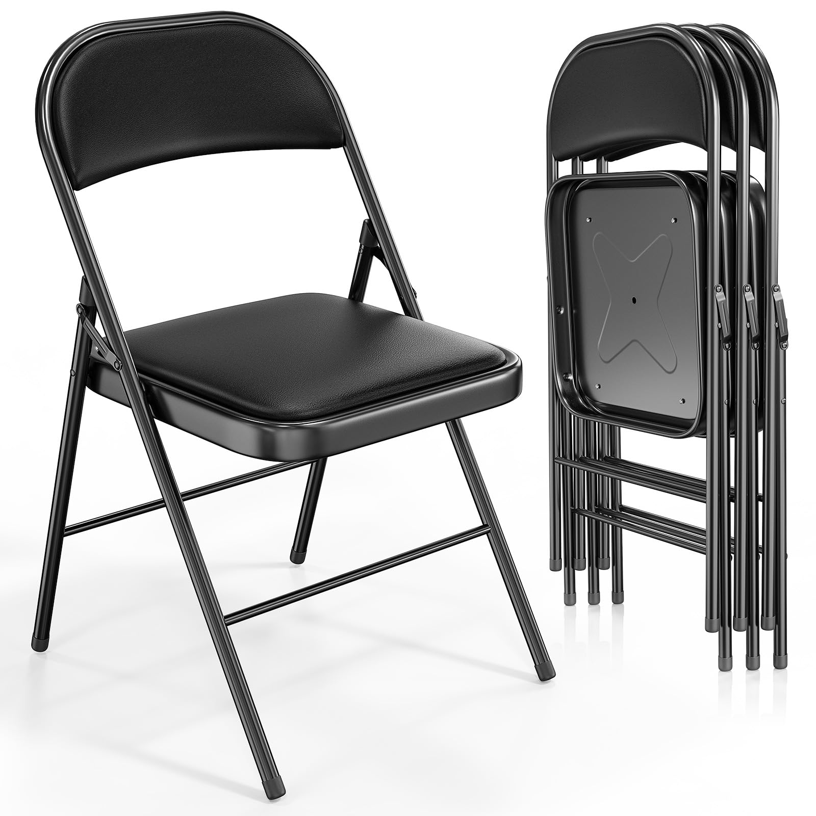 VINGLI 4 Pack Heavy Duty Folding Chairs with Padded Seats - 350 lbs Capacity Metal Frame PU Leather Chairs for Indoor Outdoor Events, Parties, Camping, Picnics - Set of 4 Black