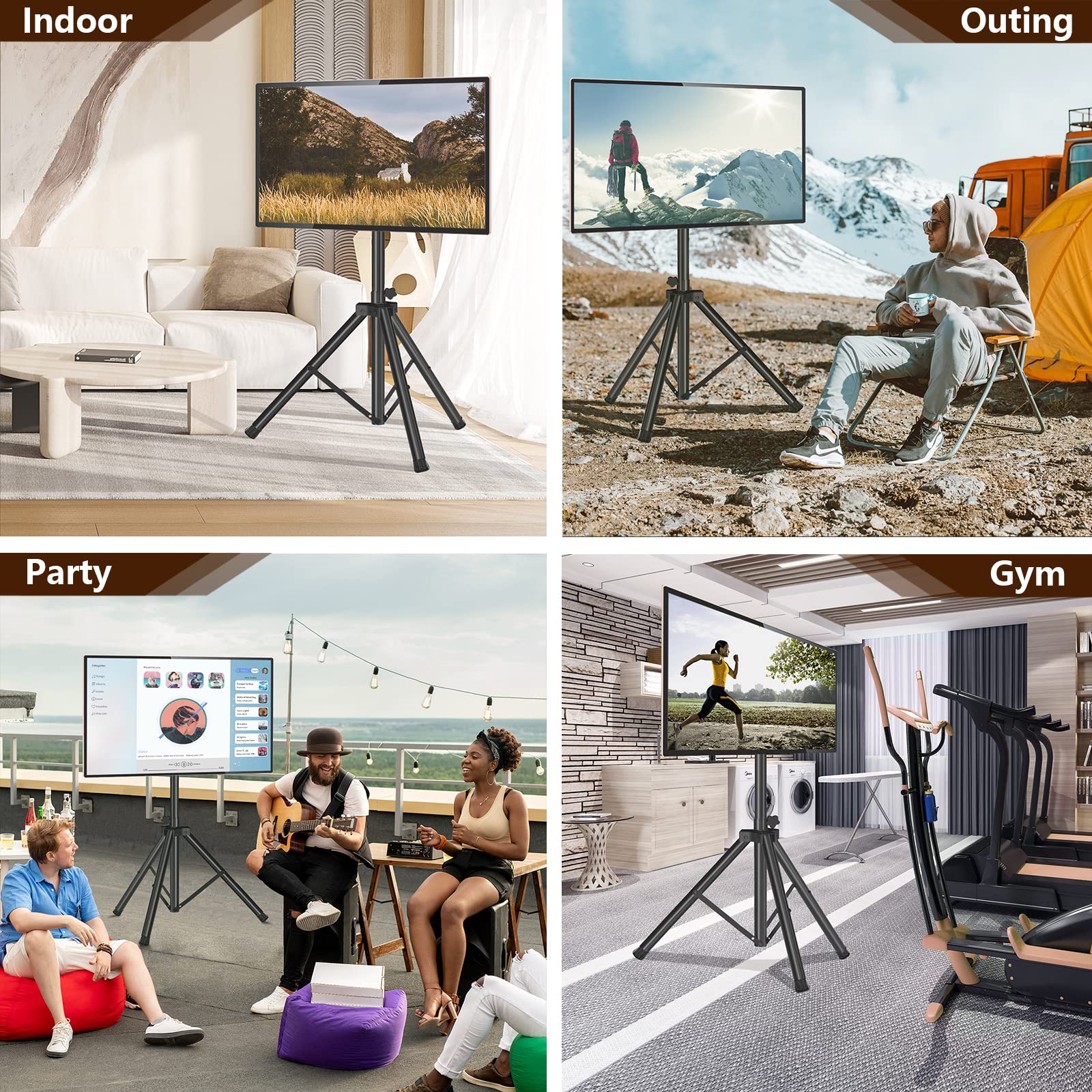Heavy Duty Tripod TV Stand for 23-75 Inch Flat & Curved TVs - Adjustable Height Outdoor TV Mount with ±15° Tilt, 100 lbs Capacity & Safety Lock - Universal VESA 600x400mm - Perfect for Patio, Backyard, Camping & Tailgating - Black