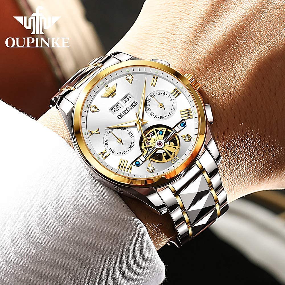 OUPINKE Automatic Skeleton Watch for Men - Self-Winding Mechanical Watch with Hollow Design, Sapphire Crystal, 50M Waterproof & Tungsten Steel Case - Perfect for Business, Formal Events & Everyday Wear