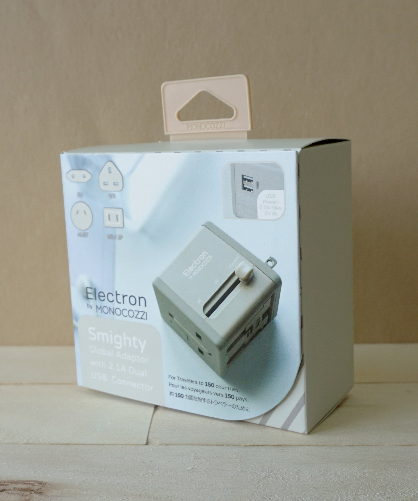 Monocozzi Smighty Global Travel Adapter with 2.1A Dual USB Ports - Universal Power Converter for International Travel (US/EU/UK/AU) - Perfect for Charging Phones, Tablets & Laptops on Vacation or Business Trips