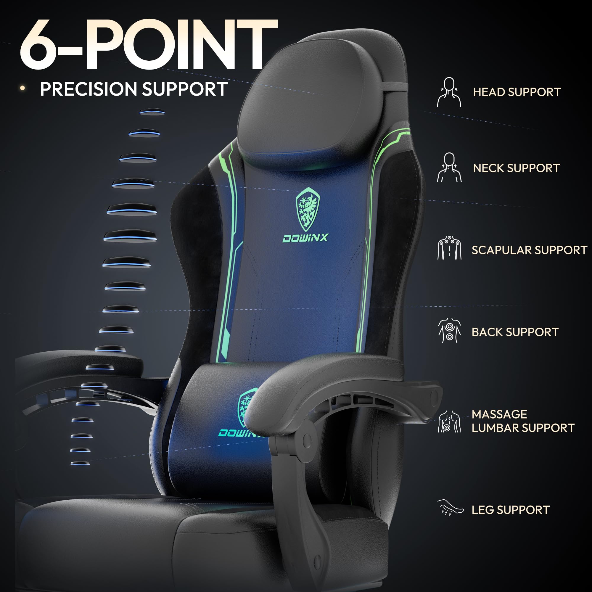 Dowinx Ergonomic Gaming Chair with Pocket Spring Cushion & Footrest - Massage Lumbar Support High Back Office Chair for Adults, 300LBS Capacity, Green Leather Computer Chair - Perfect for PC Gaming, Esports & Home Office Workspace