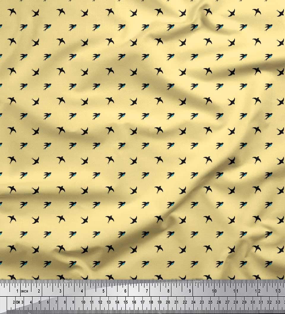 Soimoi 100% Silk Fabric by The Yard - 42 Inch Wide Yellow Swallow Bird Print for Dresses, Scarves & Home Decor | Premium Printed Silk Material for DIY Sewing Projects