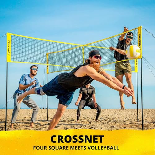 CROSSNET Quick Assemble 4 Square Volleyball Game Set with Net, Backpack & Ball - Outdoor Sports Equipment for Adults & Kids - Perfect for Beach, Backyard, Park and Camping Activities