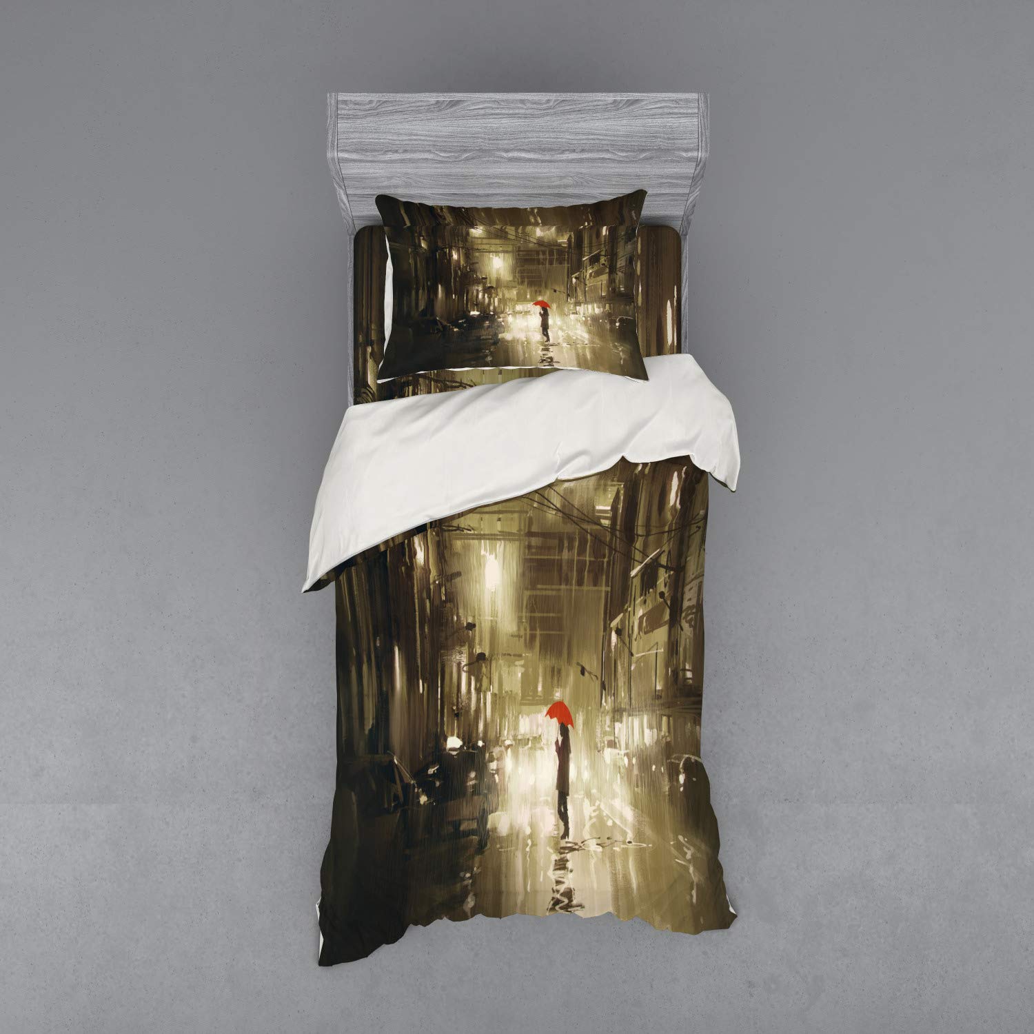 Ambesonne Urban Duvet Cover Set - 3 Piece Bedding with Sham & Fitted Sheet, Twin Size, Sepia Tone | Vintage Rainy Night Street Art Featuring Woman with Red Umbrella | Perfect for Cozy Bedrooms, Guest Rooms & Urban Decor Enthusiasts