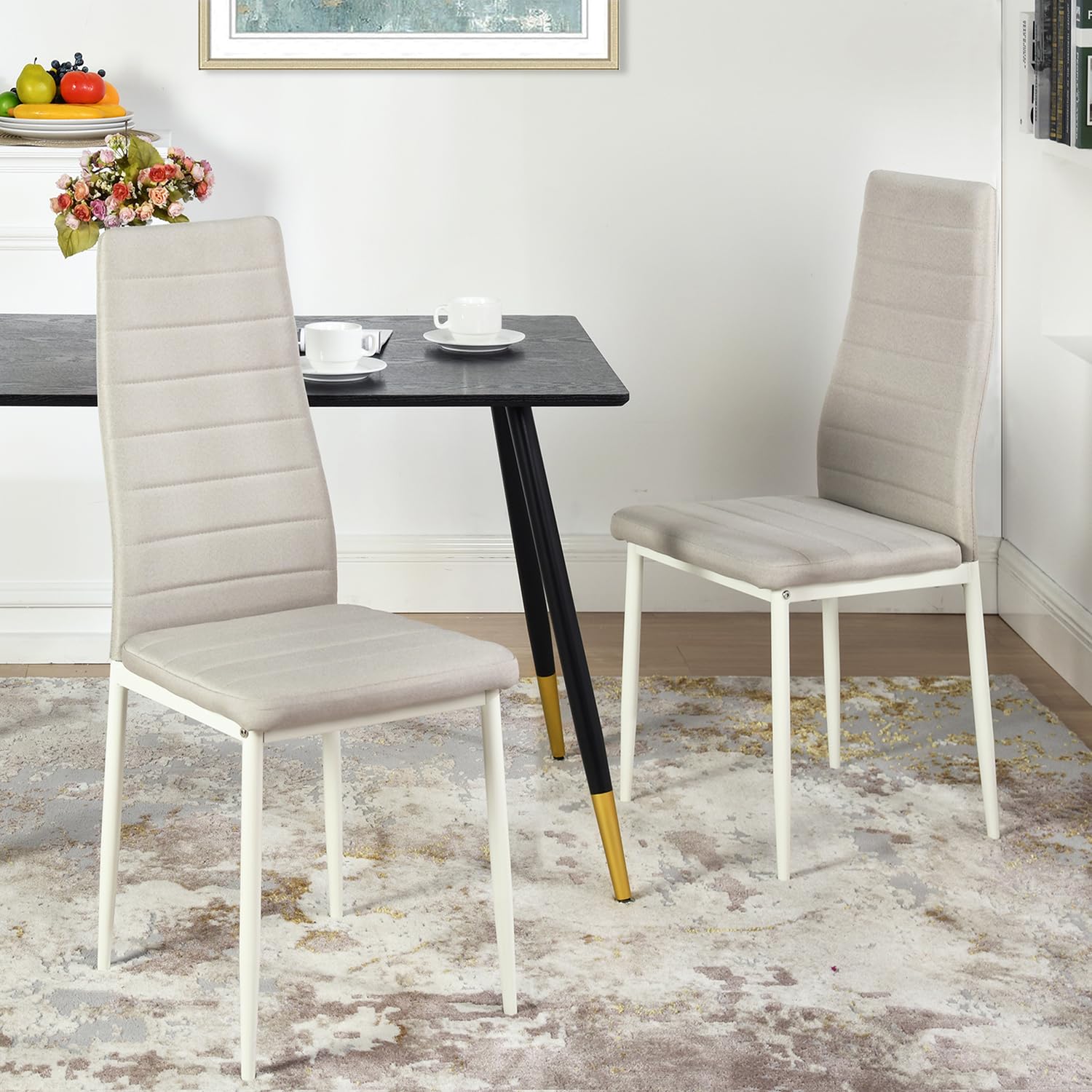 Homy Casa Set of 4 Modern Dining Chairs - Upholstered Armless Kitchen Chairs with Fabric/PVC & Sturdy Metal Legs - Comfortable Padded Side Chairs for Dining Room, Living Room or Office - Beige - Perfect for Small Spaces, Apartments and Modern Home Decor