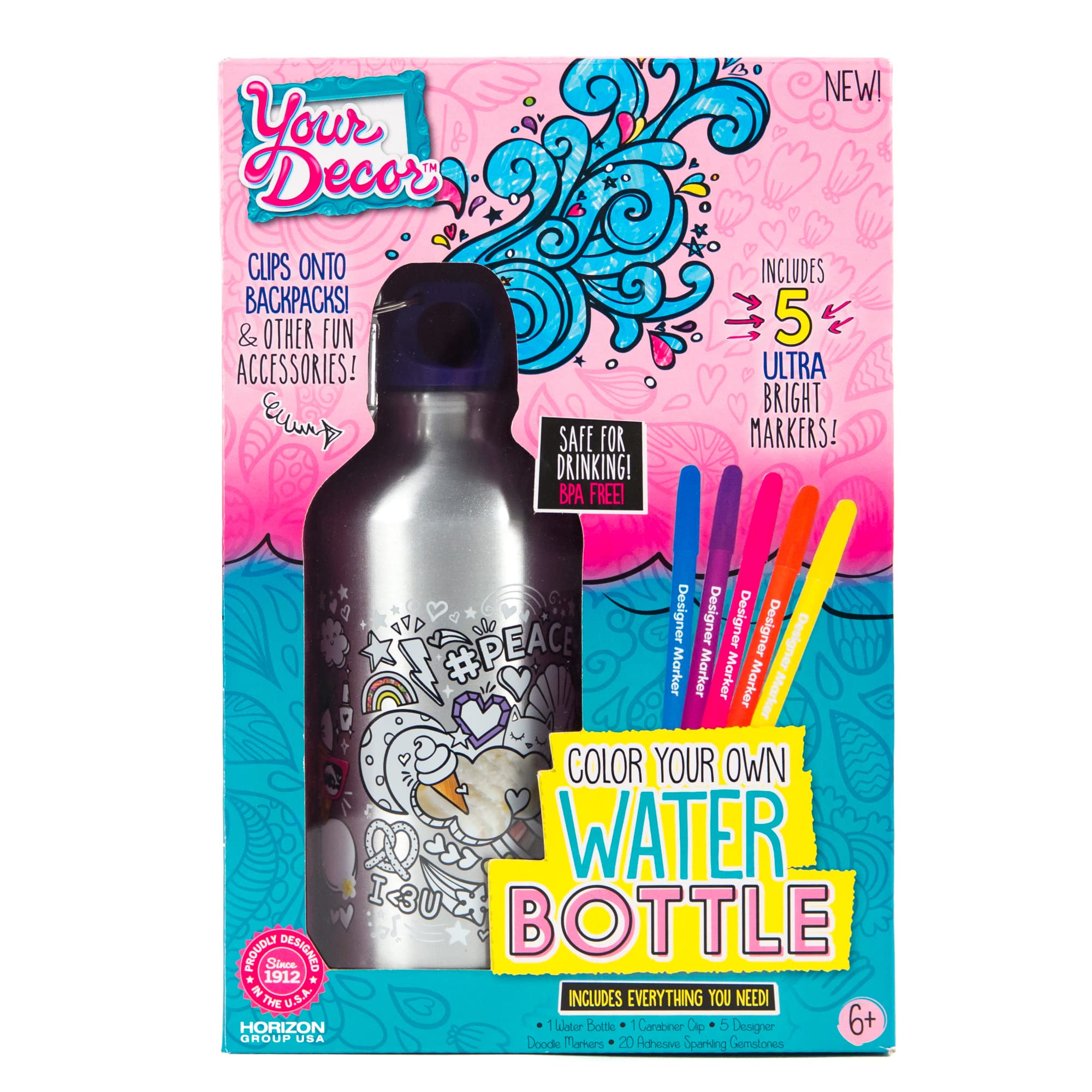 Just My Style DIY Personalized Water Bottle Craft Kit for Kids - Includes Markers & Gemstones, Creative Coloring & Decorating Activity, Perfect Gift for Girls (Birthday, Party Favors, Arts & Crafts Projects)