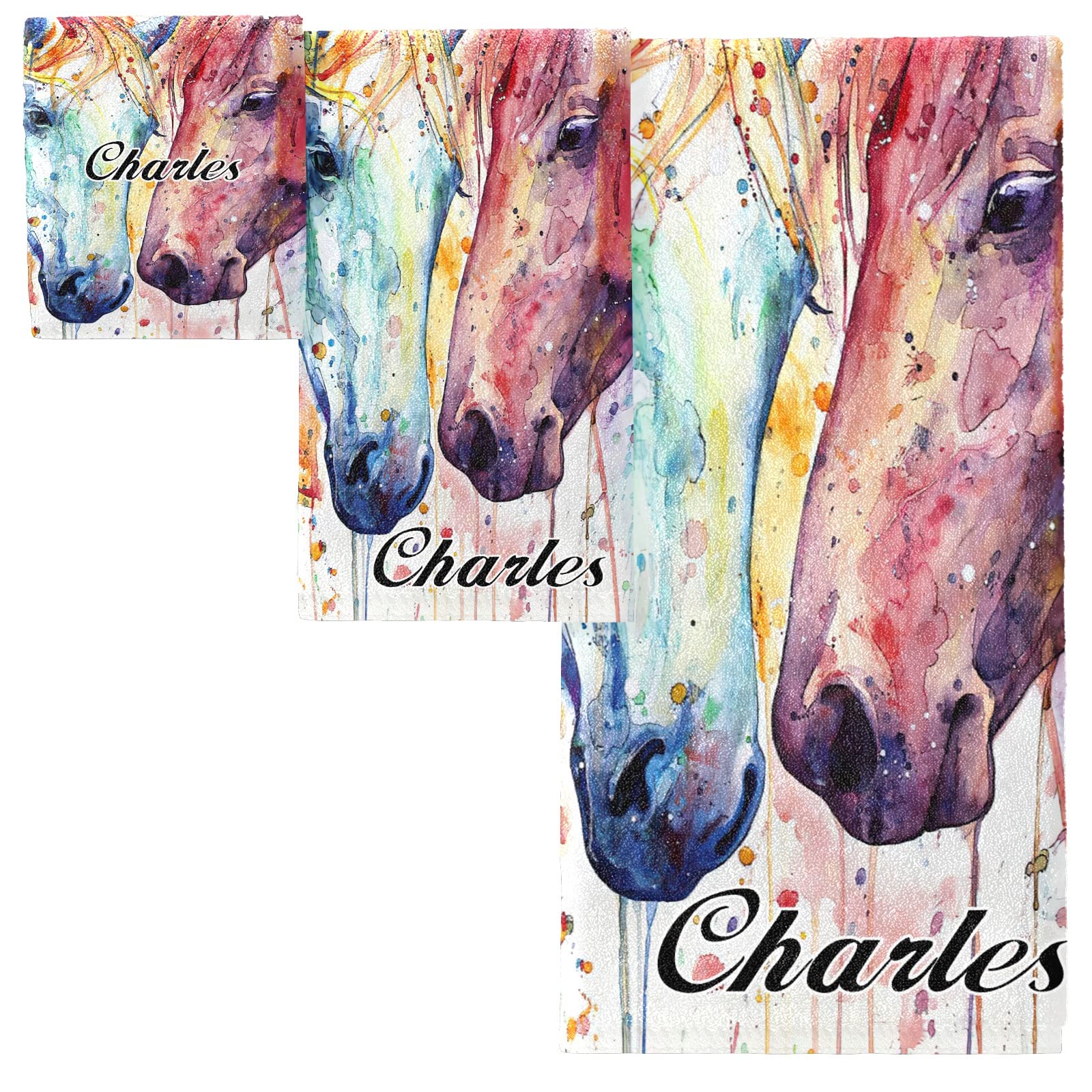 Personalized Watercolor Horse Name Beach Towels Set - 3 Piece Absorbent Bath Towel Set (1 Large Beach Towel, 1 Washcloth, 1 Hand Towel) for Men & Women - Perfect for Pool, Beach, Gym & Spa Days
