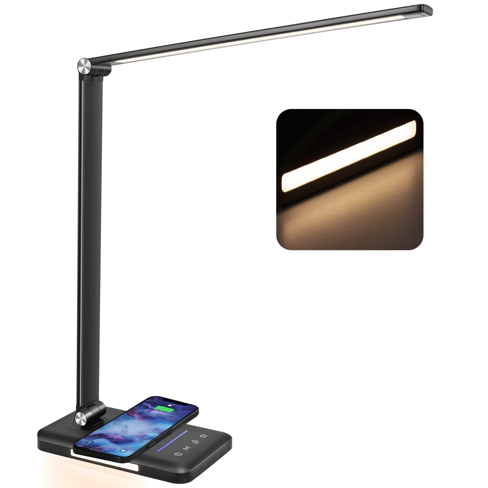 LED Desk Lamp with Night Light & Wireless Charger - 10 Brightness Levels, 5 Color Modes, USB Port - Dimmable Touch Control Bedside Lamp for Bedroom, Office, Study - Auto Timer, 1200Lux Super Bright Lighting for Reading & Working