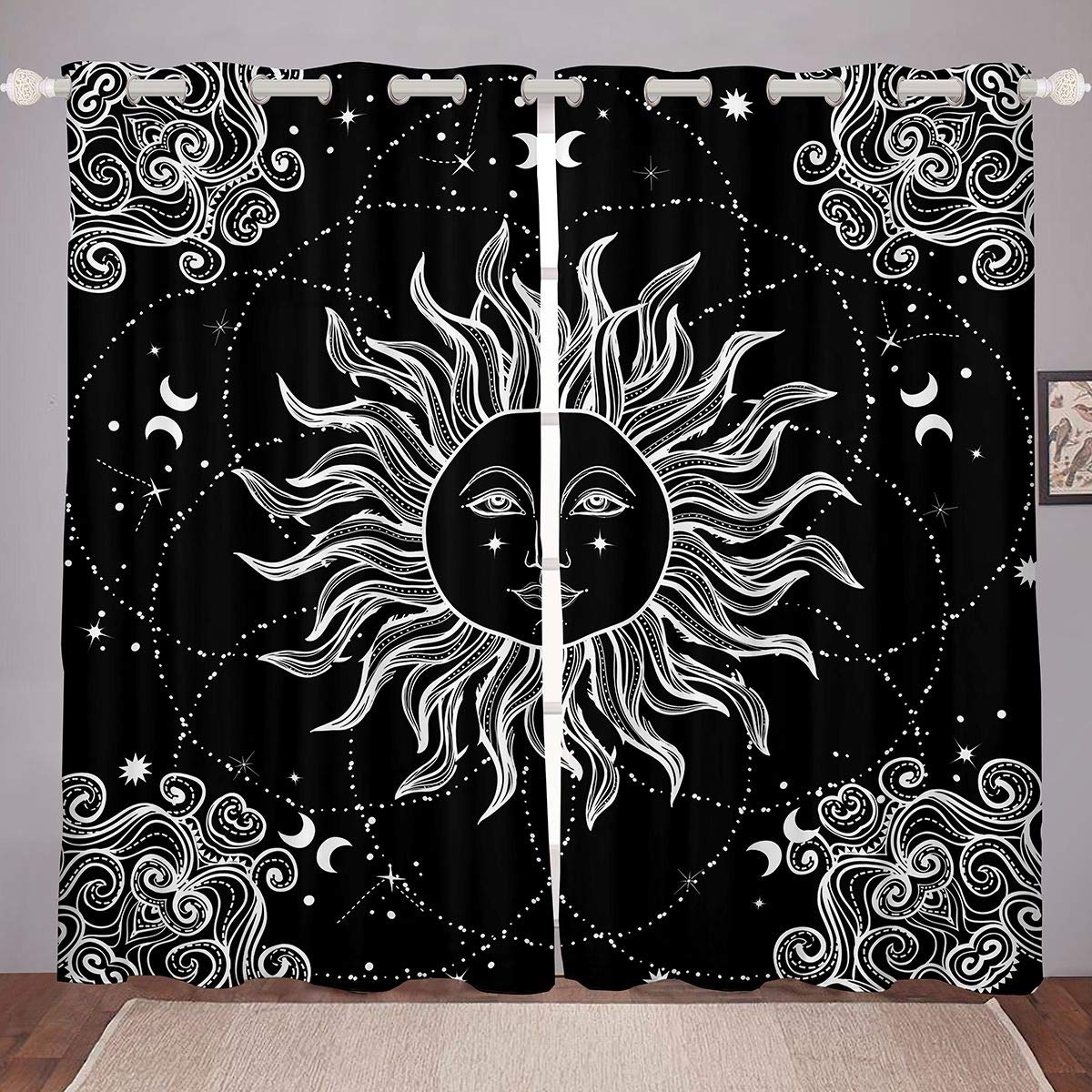 Boho Exotic Black and White Sun and Moon Window Curtains - Starry Sky Tribal Design for Kids & Teens Bedroom - Grommet Top 2 Panels (76