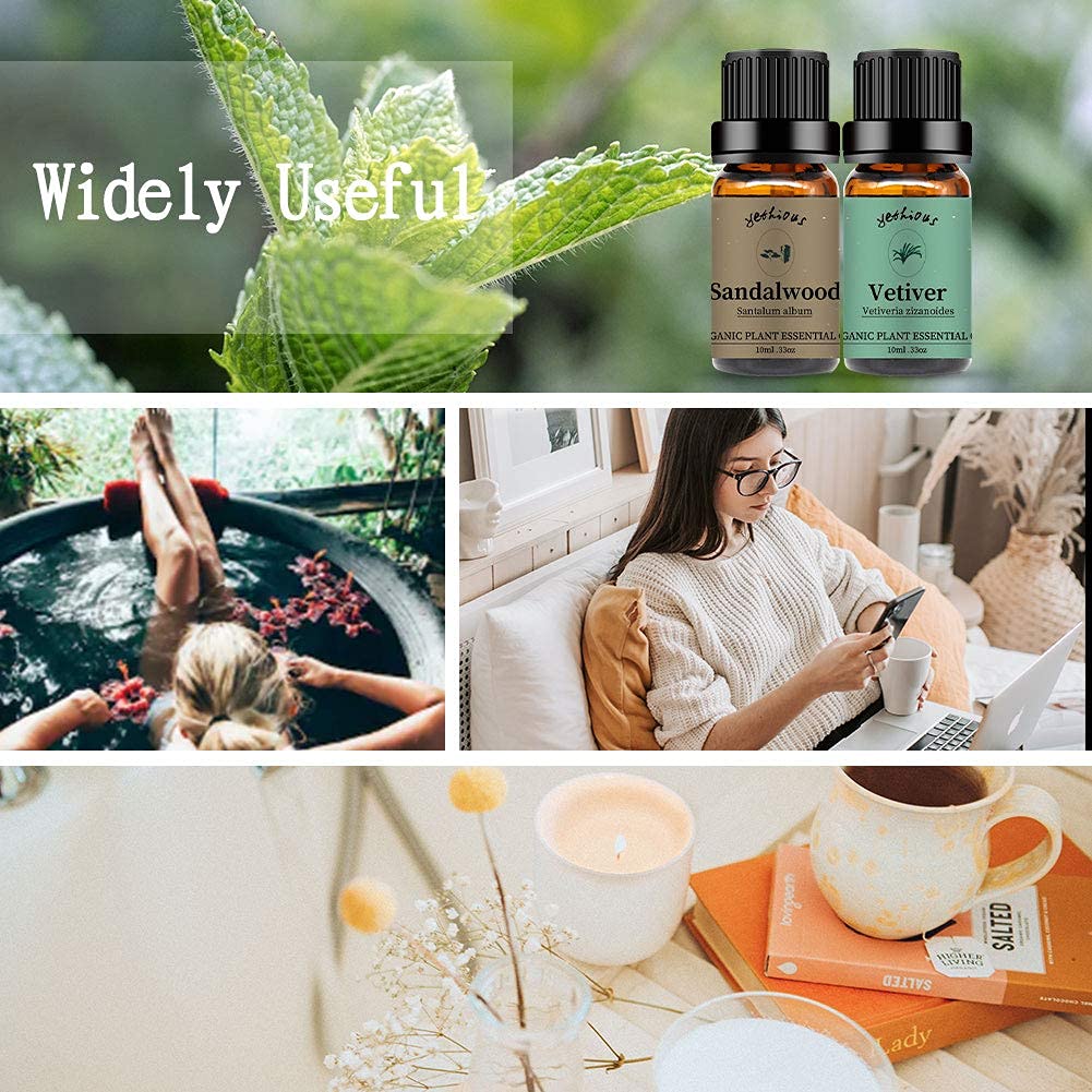 Yethious Sandalwood & Vetiver Essential Oil Set - 100% Pure Organic Undiluted Aromatherapy Oils for Diffusers, Skin Care, Hair Growth, Perfume Making, Soap & Candle Crafting - 2 x 10ml Bottles - Relaxation, Stress Relief & Home Spa Experience