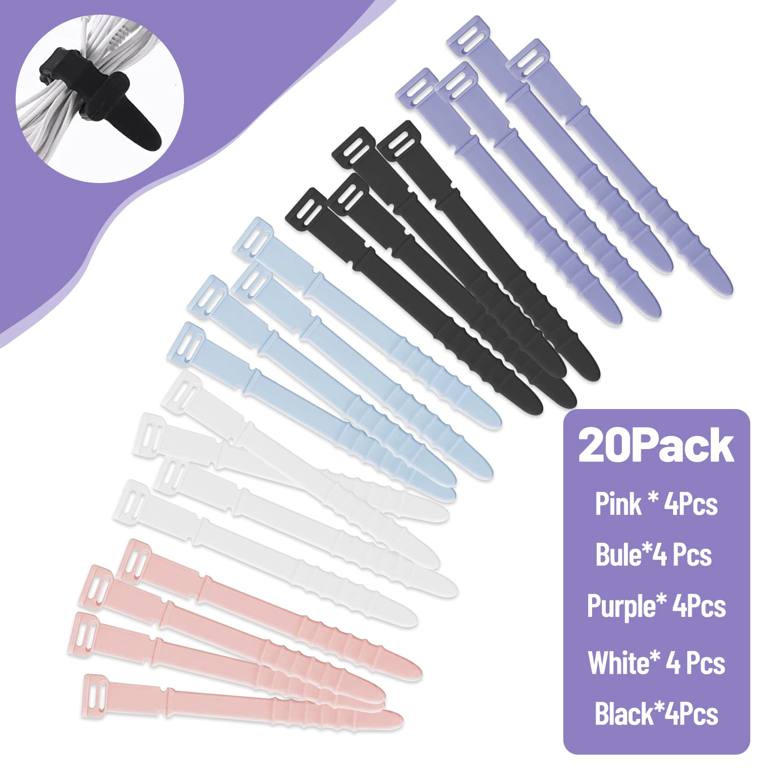 20 Pack Reusable Silicone Zip Ties - 4.5 Inch Flexible Rubber Cable Ties for Wire Management, Cord Organization - Home, Office, Desk, Table Organizer - White, Black, Pink, Purple, Blue - Perfect for Electronics, Computer Wires, Christmas Lights & Home DIY Projects