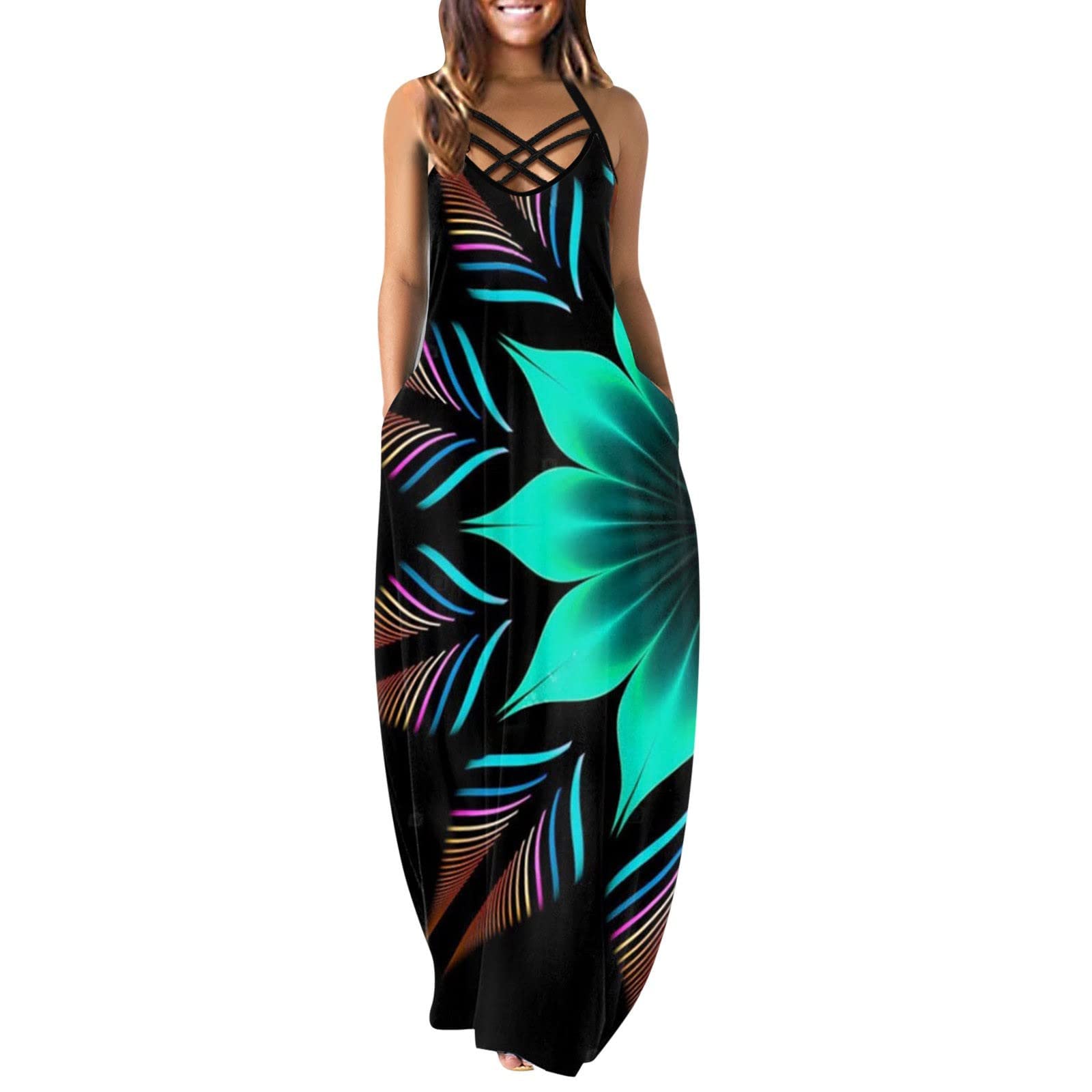 Women's Summer Maxi Dress - Casual Sleeveless Beach Dress with Spaghetti Straps & Criss Cross Neck | Sexy Sun Dress with Pockets | Perfect for Vacations, Pool Parties & Date Nights