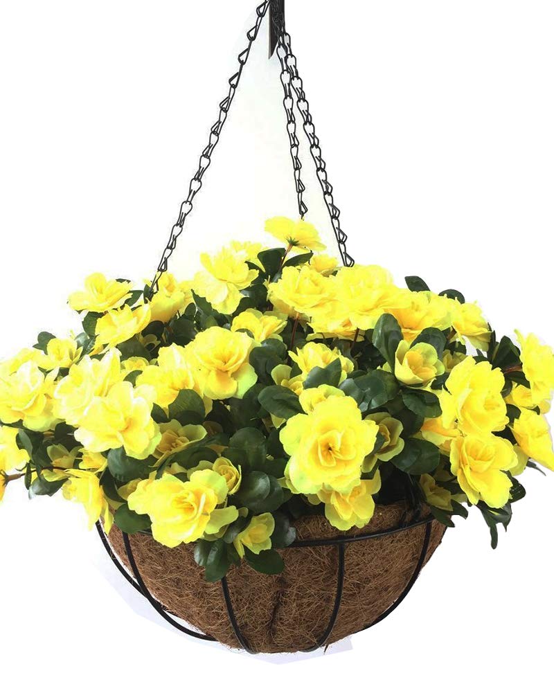 Lopkey 12 Inch Outdoor Hanging Basket with Artificial Azalea Flowers - Coconut Brown Iron Planter for Patio, Garden, Balcony & Home Decor | Perfect for Spring & Summer Outdoor Decorations