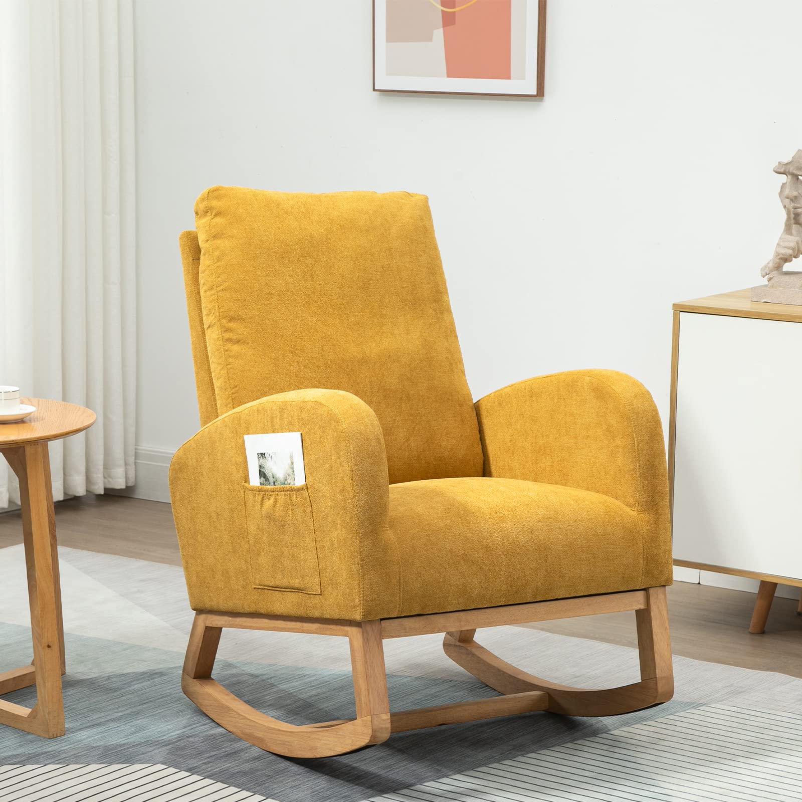 Modern Upholstered Glider Rocker Chair - Nursery Rocking Chair with Side Pocket, Comfortable Armchair for Living Room, Bedroom & Nursery (Yellow) - Perfect for Breastfeeding, Relaxing & Nursery Decor