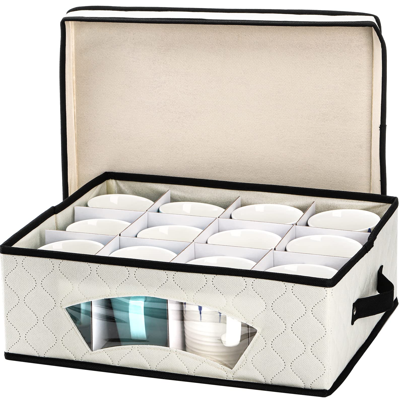 Dicunoy 12-Slot Mug and Cup Storage Box with Lid & Handles - Organizer for Tea Cups, Coffee Mugs, Stoneware & Glassware - Perfect for Kitchen Cabinet, Pantry or Holiday Cup Storage (Christmas Mugs, Light Bulbs)