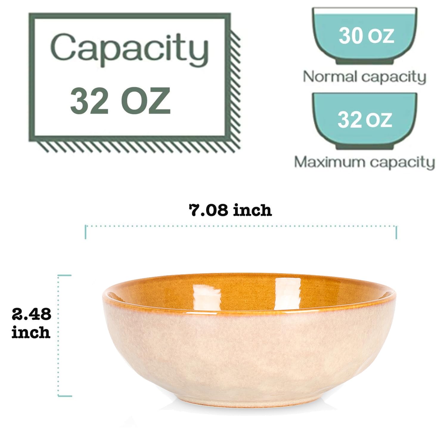 Vicrays 32oz Ceramic Salad Bowls Set - Microwave Safe Stoneware for Kitchen, Pasta & Soup (Set of 6) - Perfect for Dining & Entertaining