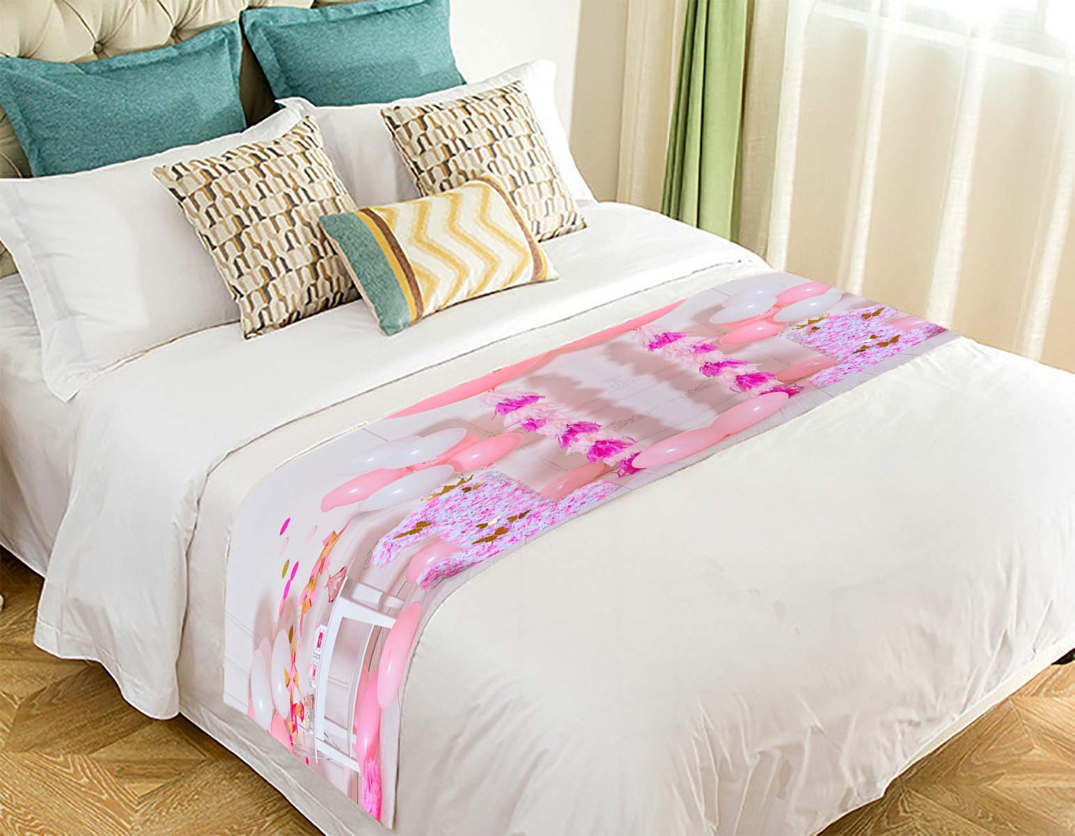 Pink and White Balloons Bed Runner - 20x95 Inch Bed Scarf for Wedding, Birthday Party Decor - Elegant Bedroom Decorations for Special Occasions