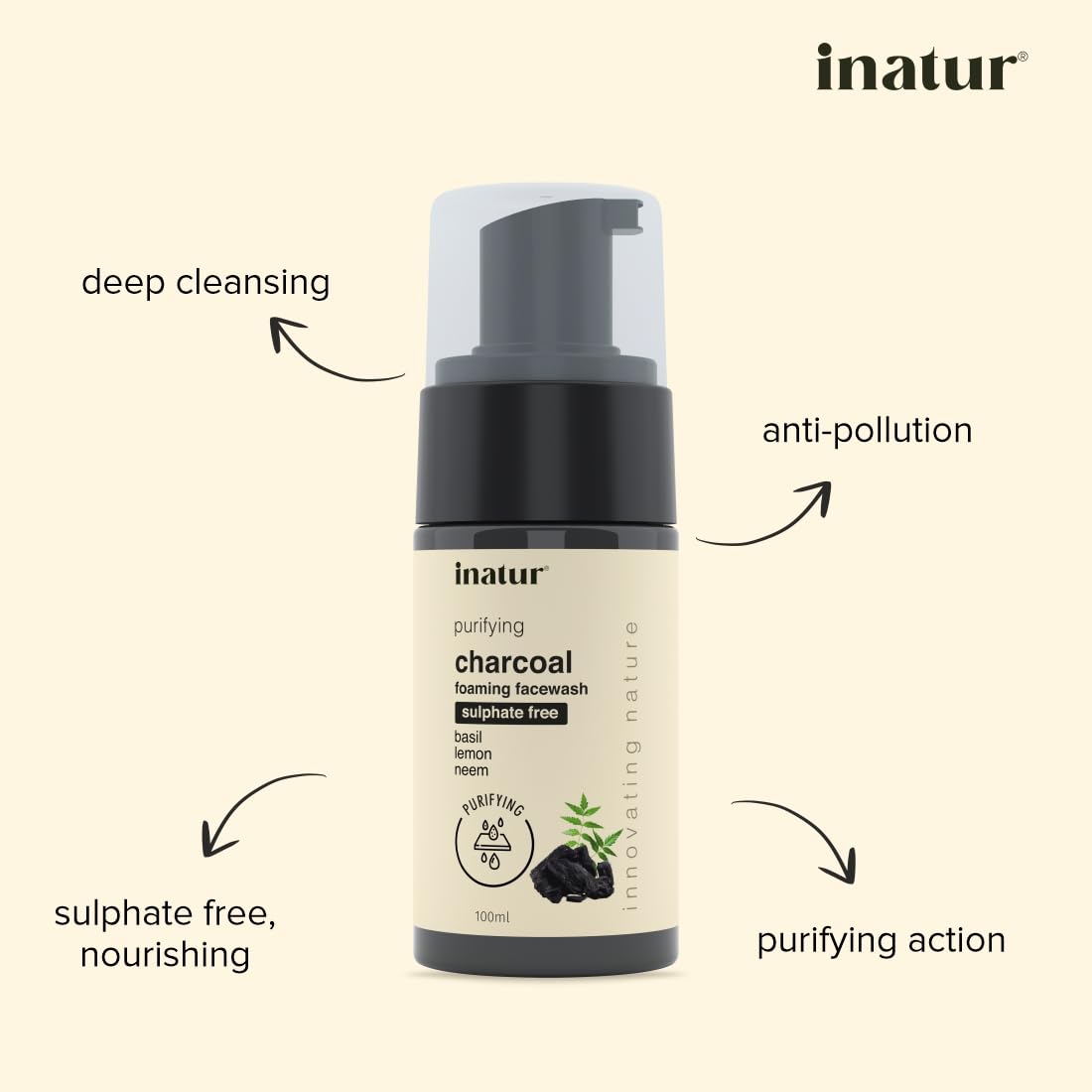 inatur Purifying Charcoal Foaming Face Wash for Acne Prone Skin - Oil Control & Deep Cleansing Facial Cleanser - Detoxifying & Pore Minimizing Formula - Sulfate-Free, Soothing & Nourishing Daily Face Wash (100ml) - Perfect for Morning & Night Skincare Routine