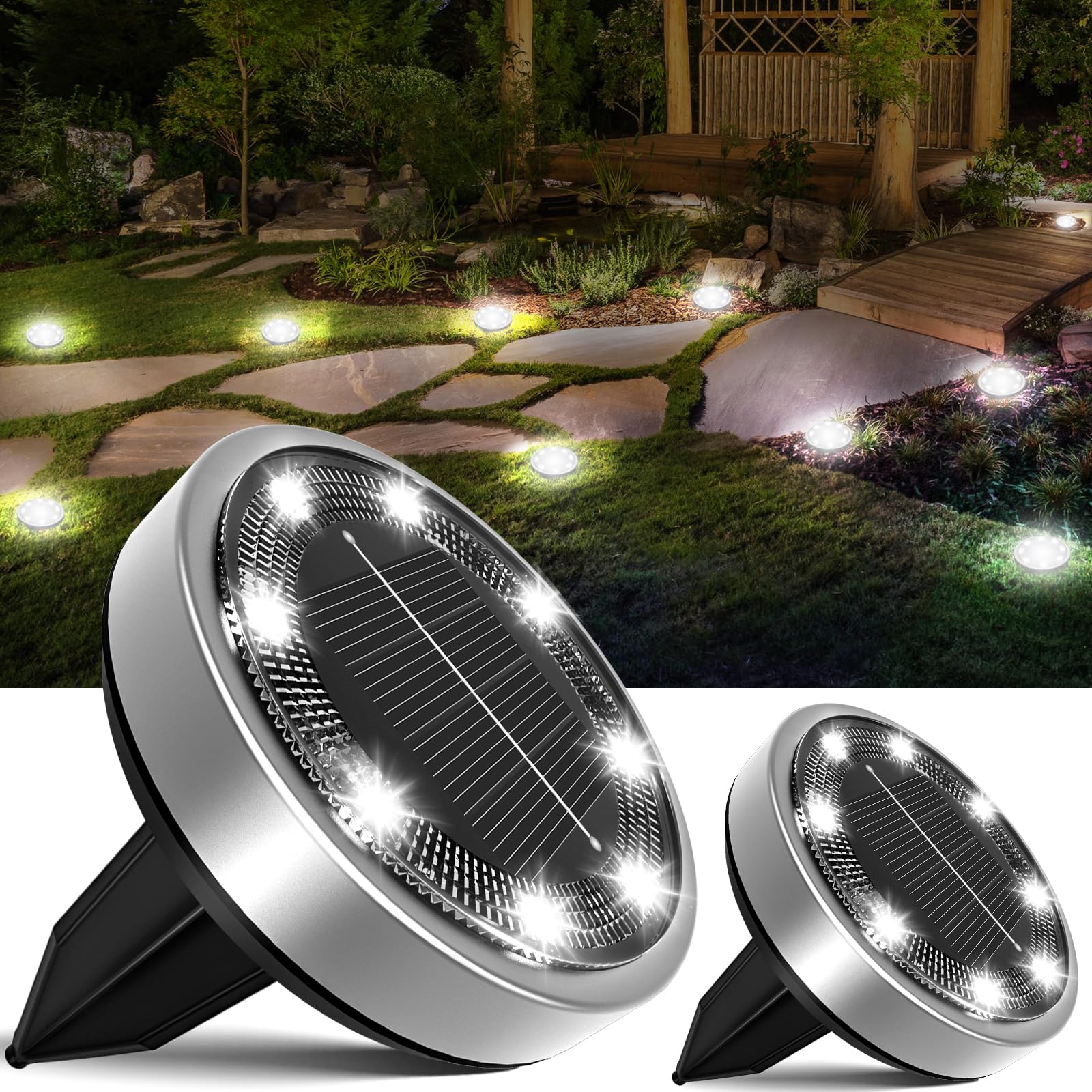 2 Pack Solar Ground Lights Outdoor - 8 LED Waterproof Flat Solar Pathway Lights for Yard, Garden, Walkway, Deck, Patio, Landscape, Lawn & Driveway | Cool White | Perfect for Nighttime Safety & Outdoor Decor