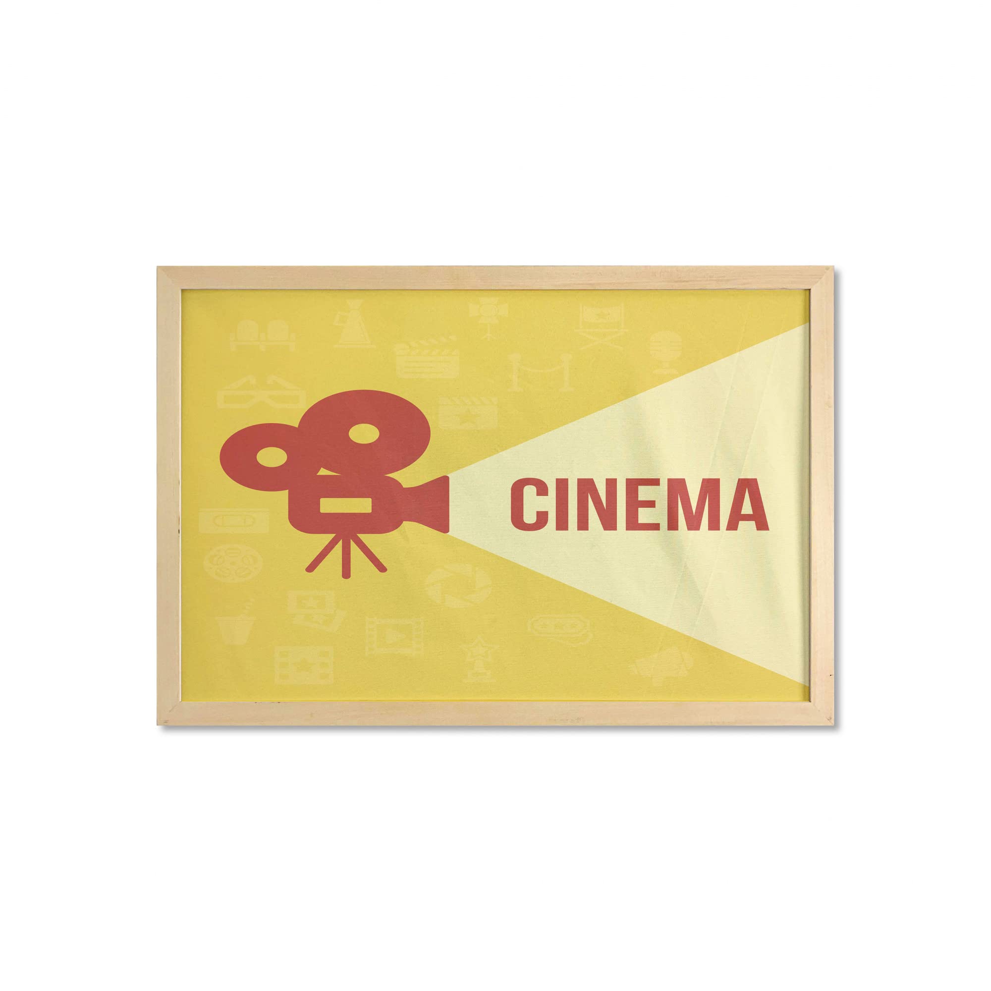 Ambesonne Framed Movie Theater Wall Art - Cinema Projector Silhouette with Film Reel Design - 35x23 Inch Printed Fabric Poster for Living Room, Bedroom, Dorm Decor - Dark Coral Beige Yellow - Perfect for Movie Lovers & Home Theater Enthusiasts