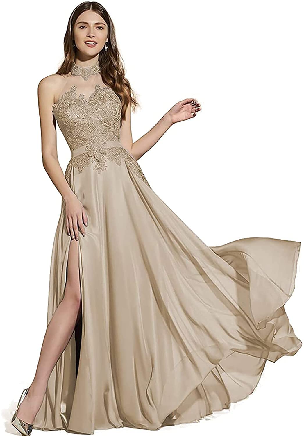 Elegant Women's Halter Lace Applique Long Chiffon Evening Gowns 2022 - Formal Party Dresses with High Slit for Prom, Wedding, Cocktail & Black Tie Events