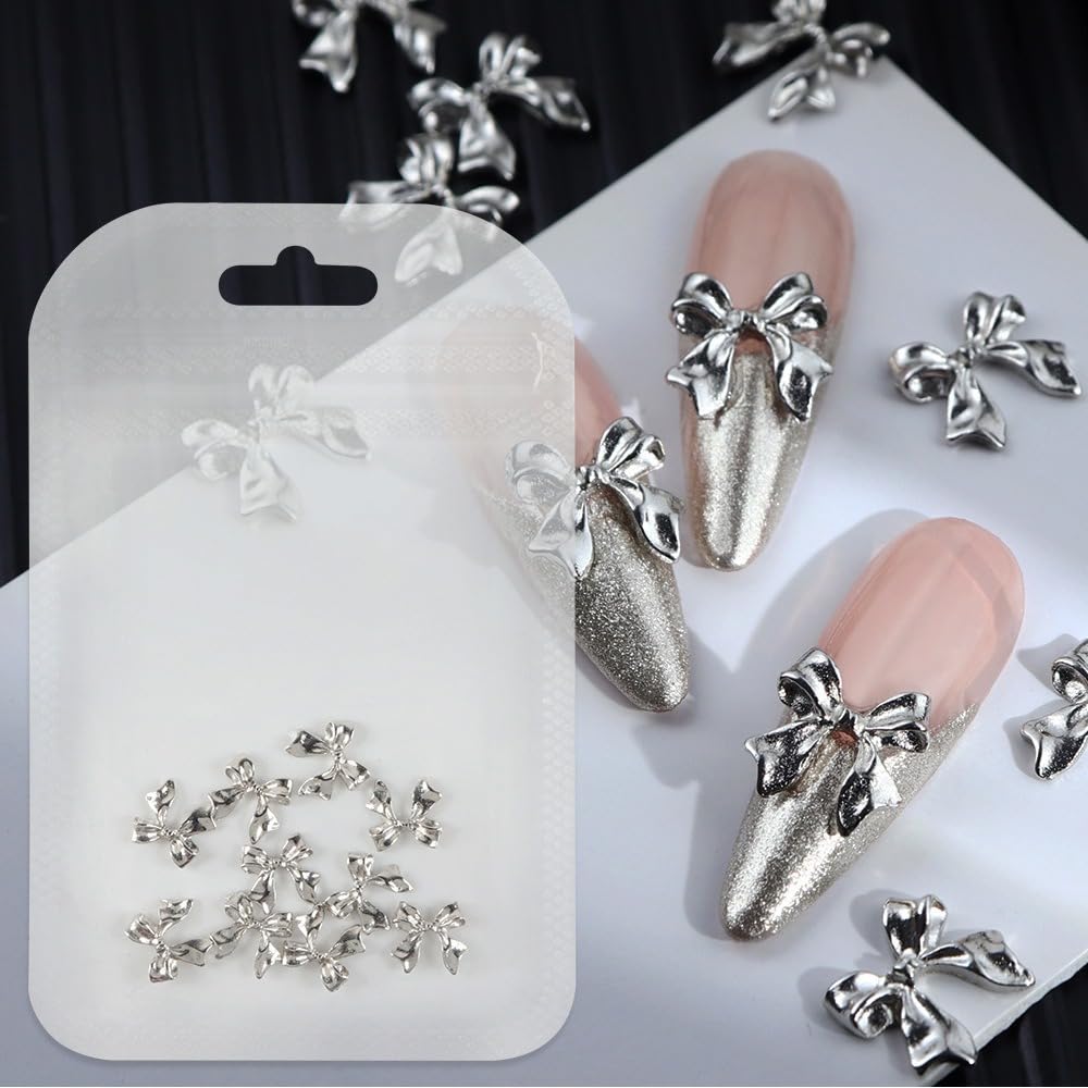 S.A.V.I 3D Bowknot Nail Charms - 10 Pcs Silver Bow Nail Art Decorations for DIY Manicure | Elegant Metallic Nail Accessories for Salon & Home Use | Perfect for Weddings, Parties & Special Occasions