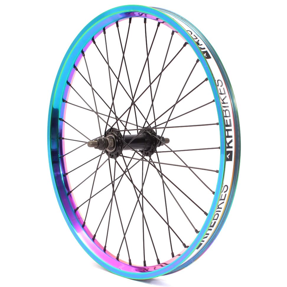 Premium KHE BMX Wheel Set - Oil Slick Aluminium Rim, MVP 36H, 14mm 9T Sprocket with Rim Tape - Perfect for BMX Racing, Street Riding & Freestyle Tricks