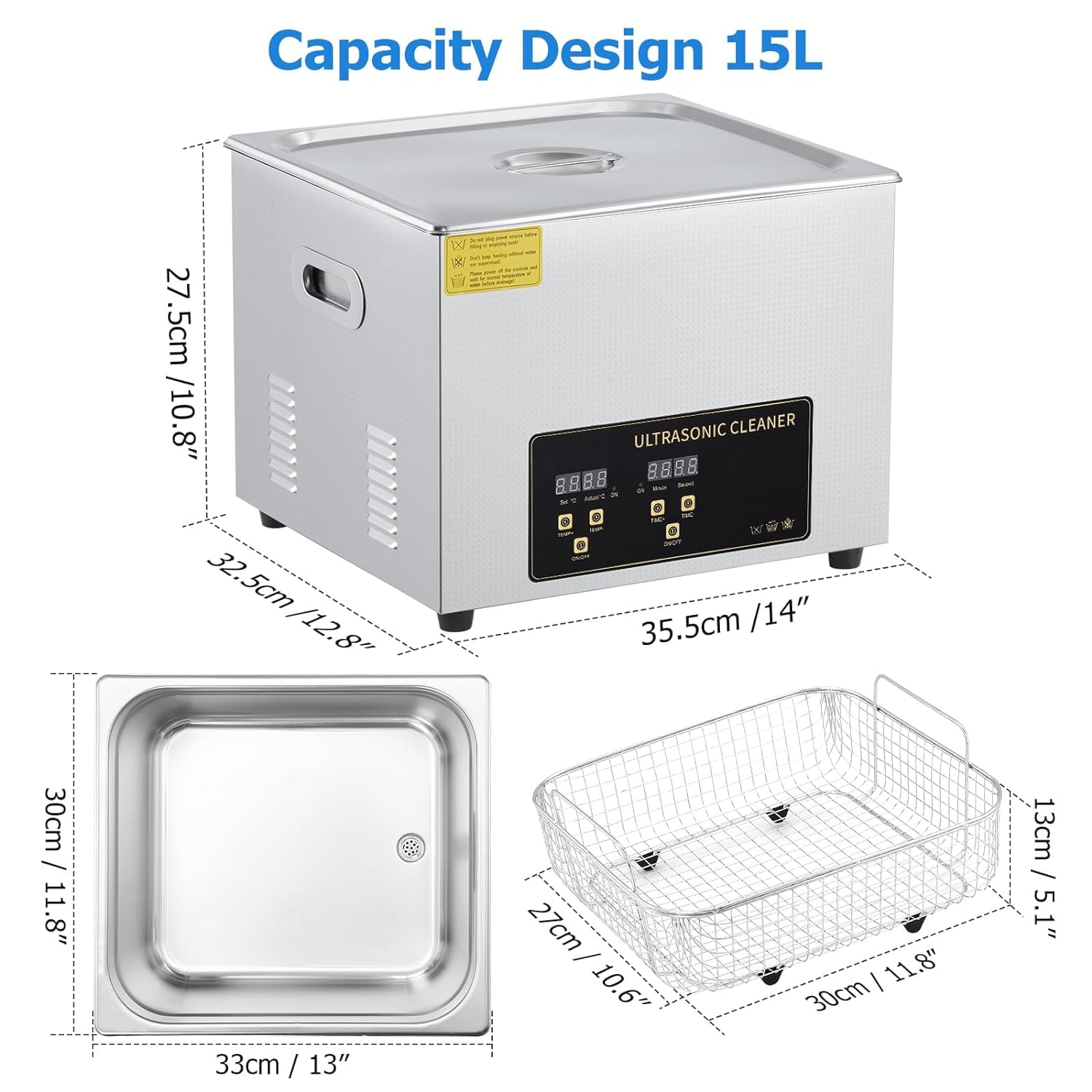 360W 15L Ultrasonic Jewelry Cleaner Machine with Digital Timer & Heater - 304 Stainless Steel Tank for Dentures, Glasses, Industrial Parts, Carburetors & Circuit Boards - Perfect for Jewelry Stores, Dental Clinics & Home Use