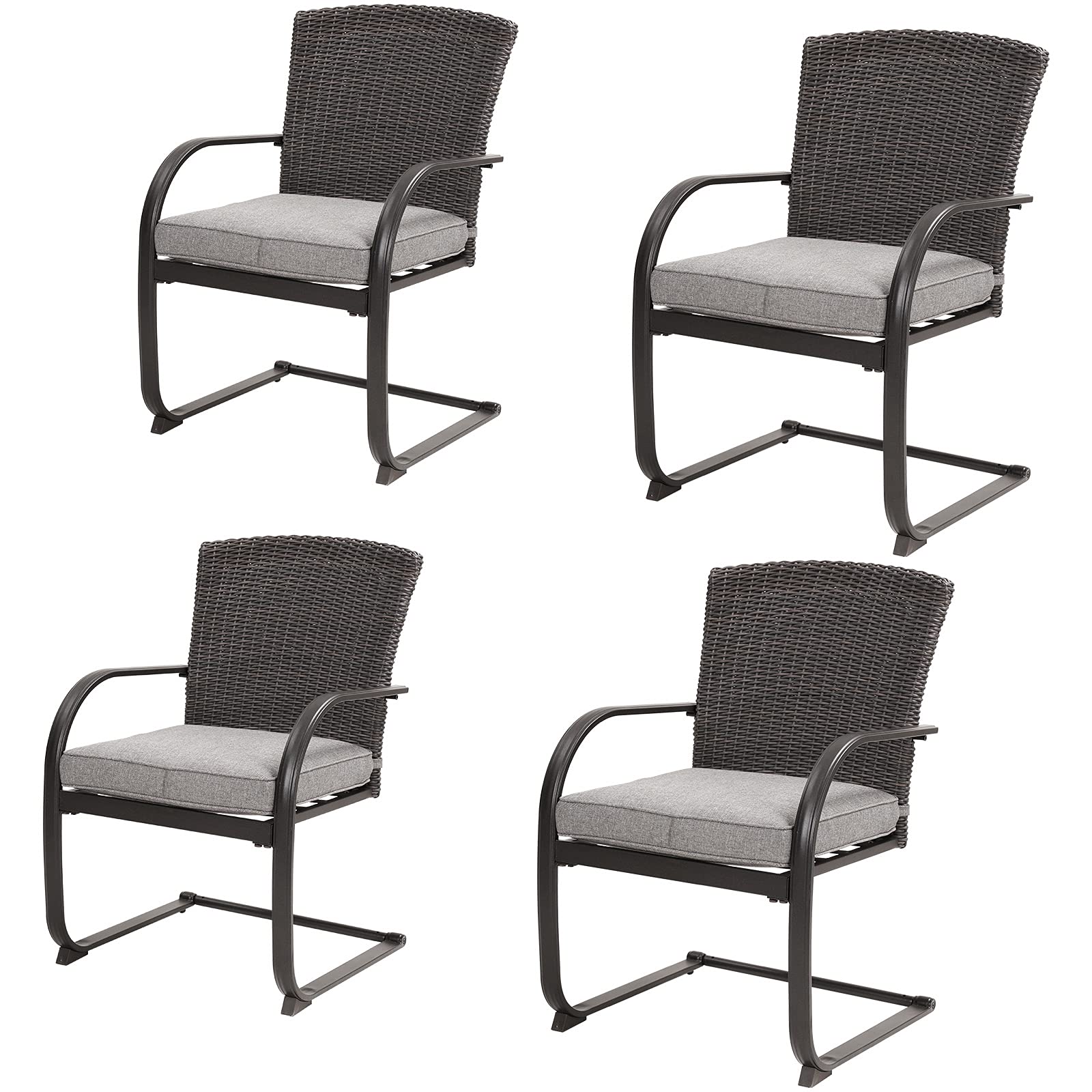 4-Piece Outdoor Patio Dining Chairs Set - Metal Frame with C-Spring Motion & Wicker Design, Includes Gray Seat Cushions - Perfect for Garden, Backyard, Deck, and Poolside Dining Areas