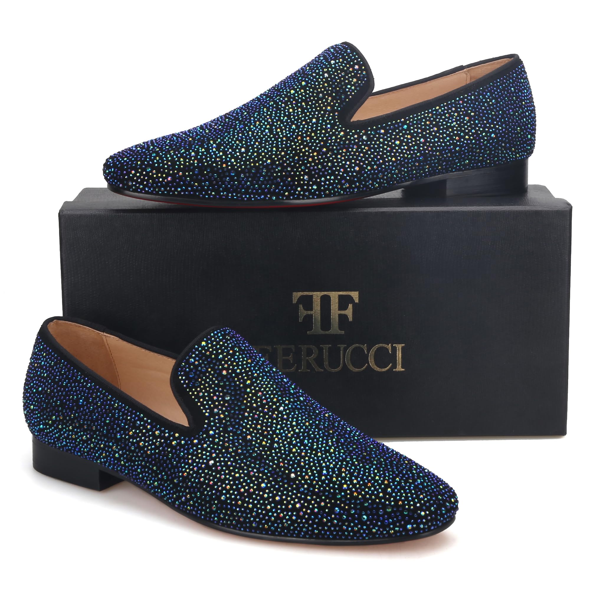 FERUCCI Men's Blue Crystal GZ Rhinestone Loafers - Comfortable Slip-On Shoes for Casual Wear, Parties & Home Use