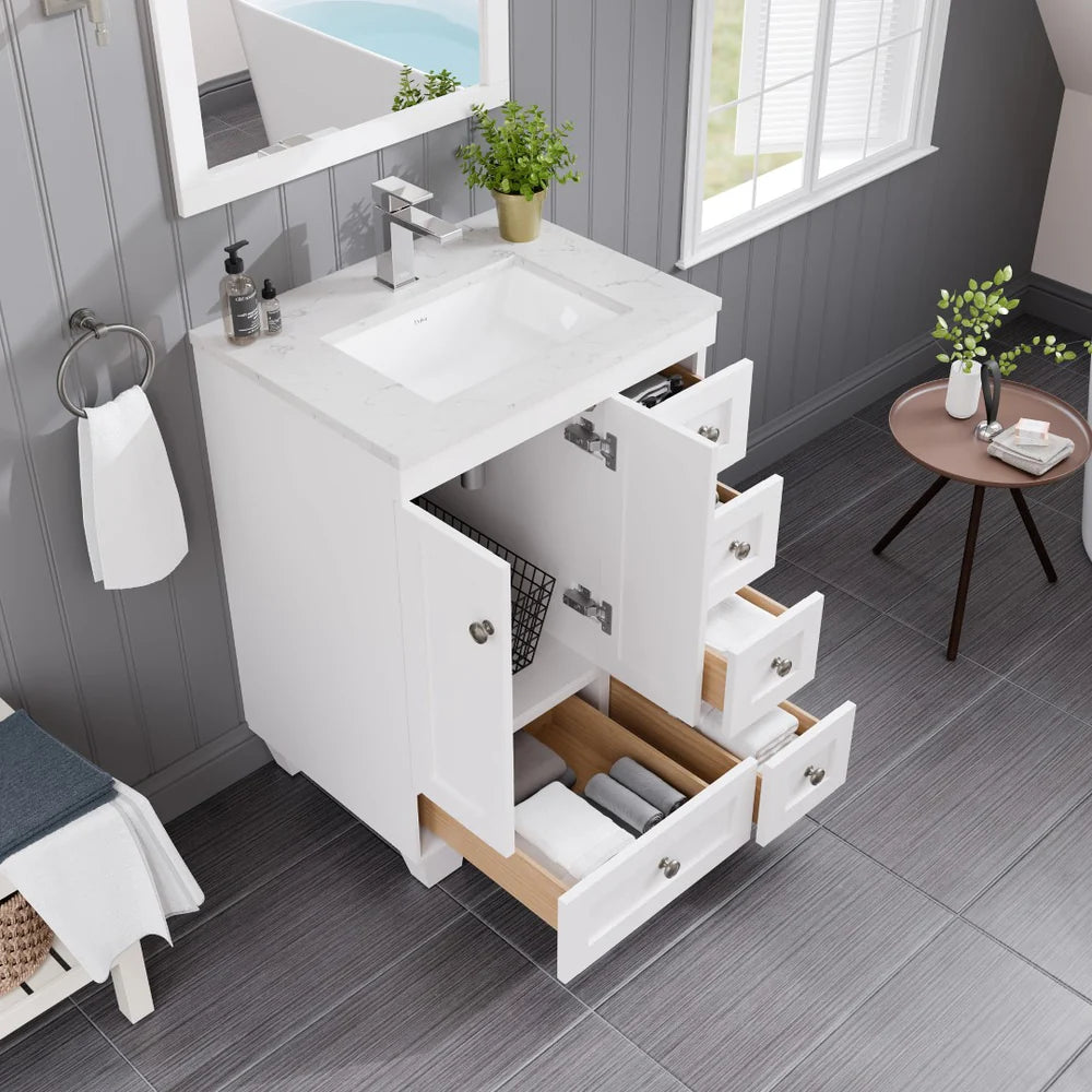 Eviva Acclaim 24 Inch Modern Bathroom Vanity Set with Carrara Quartz Countertop - Perfect for Small Bathrooms, Powder Rooms & Master Bath Renovations