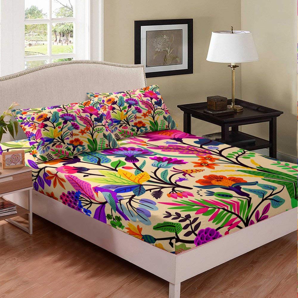 Floral Print Kids Duvet Cover Set - Purple Flowers & Green Leaves Design | Queen Size 3-Piece Bedding Set (1 Fitted Sheet + 2 Pillowcases) | Soft Microfiber Deep Pocket Sheets for Girls' & Boys' Bedrooms | Perfect for Kids' Room Decor & Sleepovers