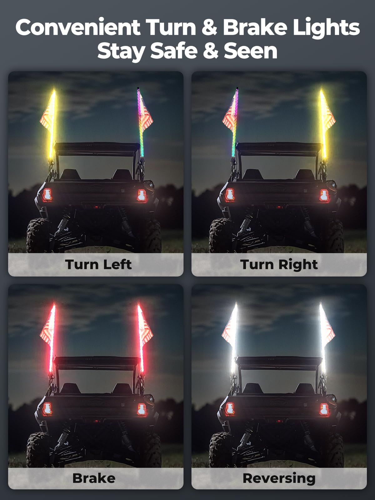 KEMIMOTO 2-Pack 5ft Bluetooth UTV Whip Lights with Turn Signal & APP Control - Compatible with Polaris RZR, Can-Am Maverick X3, Side by Side ATV, Buggy & Boat - Perfect for Off-Road Adventures, Night Riding & Safety Visibility