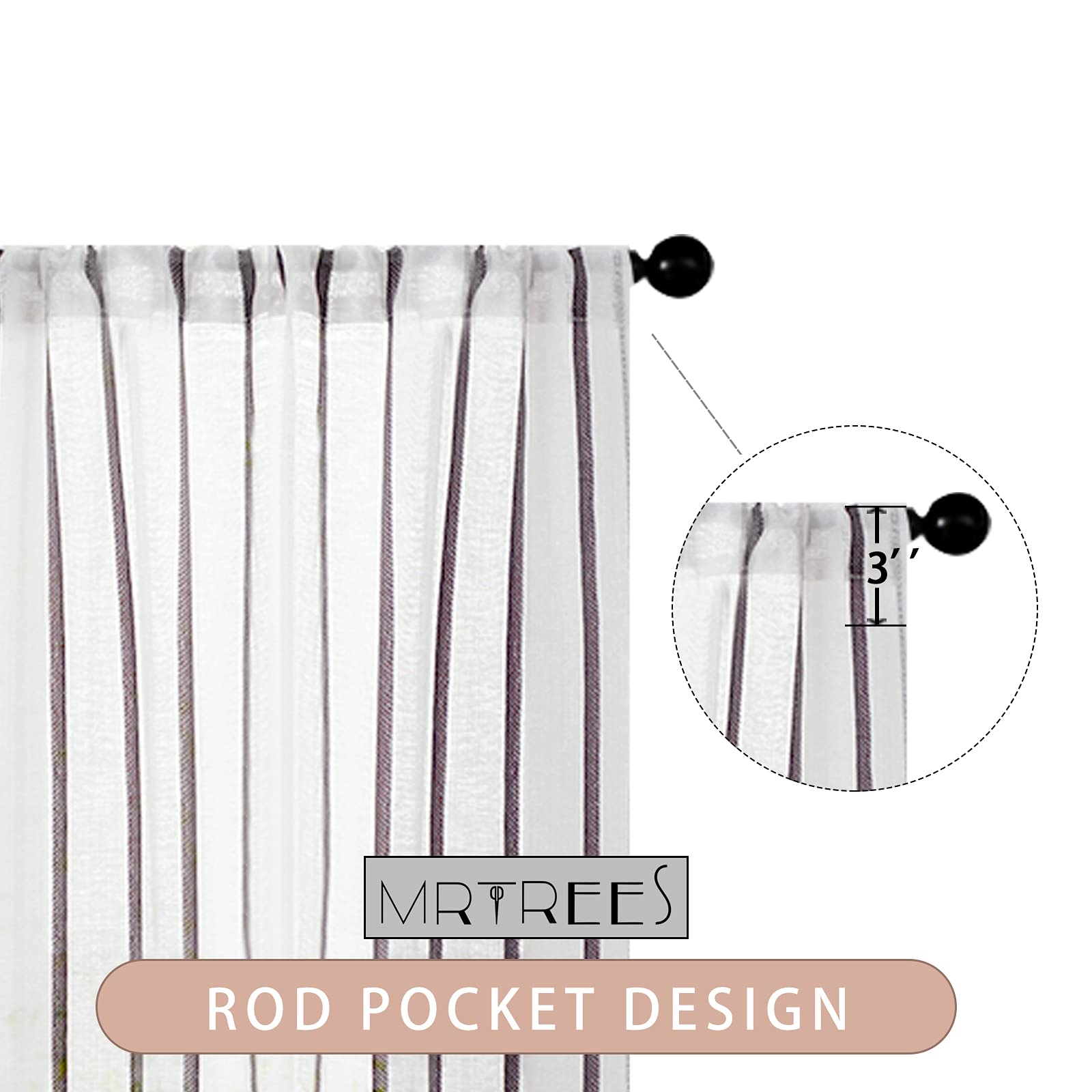 MRTREES Striped Sheer Valance Curtain with Rod Pocket - Light Filtering Linen Textured Window Treatment for Bedroom, Living Room & Kitchen (1 Panel, 54x16 Inches, Grey Stripe) - Perfect for Adding Elegance to Windows & Enhancing Natural Light