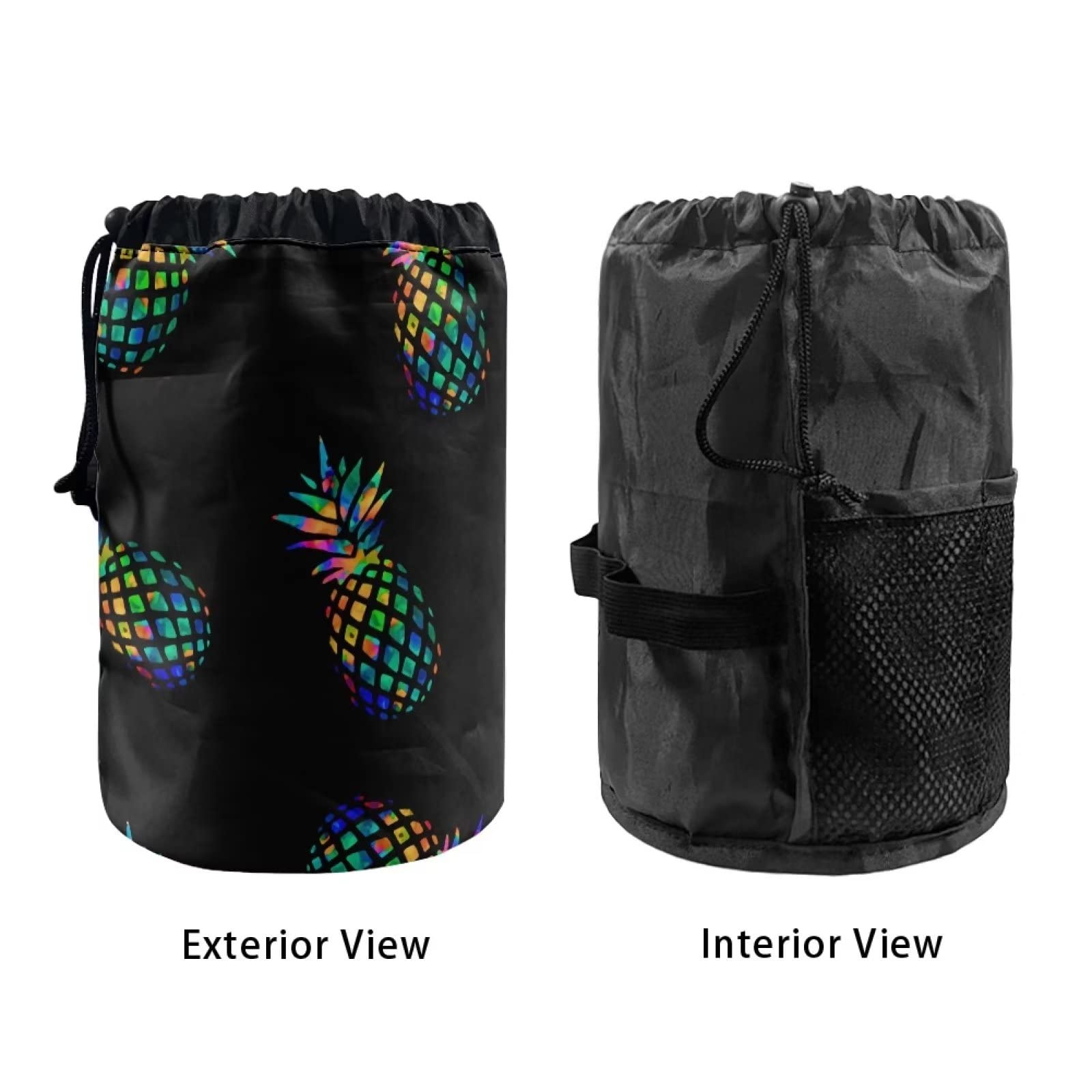 SEANATIVE Pineapple Print Black Drawstring Travel Cosmetic Bag - Waterproof Toiletry Organizer for Women | Lightweight Makeup Pouch for Travel, Gym, Beach & Daily Use