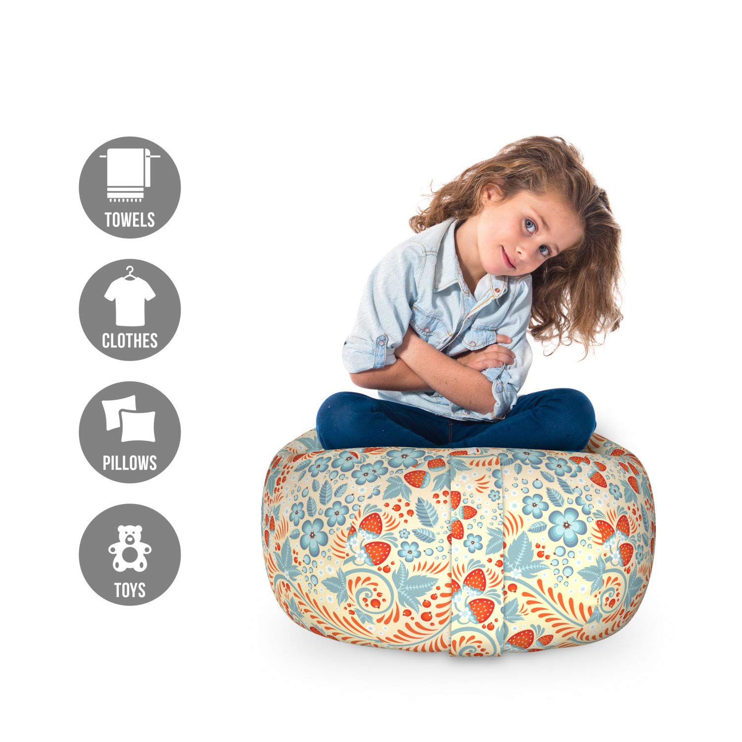 Ambesonne Floral Storage Toy Bag Chair - Khokhloma Pattern with Flowers & Strawberries, Washable Stuffed Animal Organizer, Small Size in Cream Pale Teal & Vermilion - Perfect for Kids' Room, Nursery, or Playroom Storage
