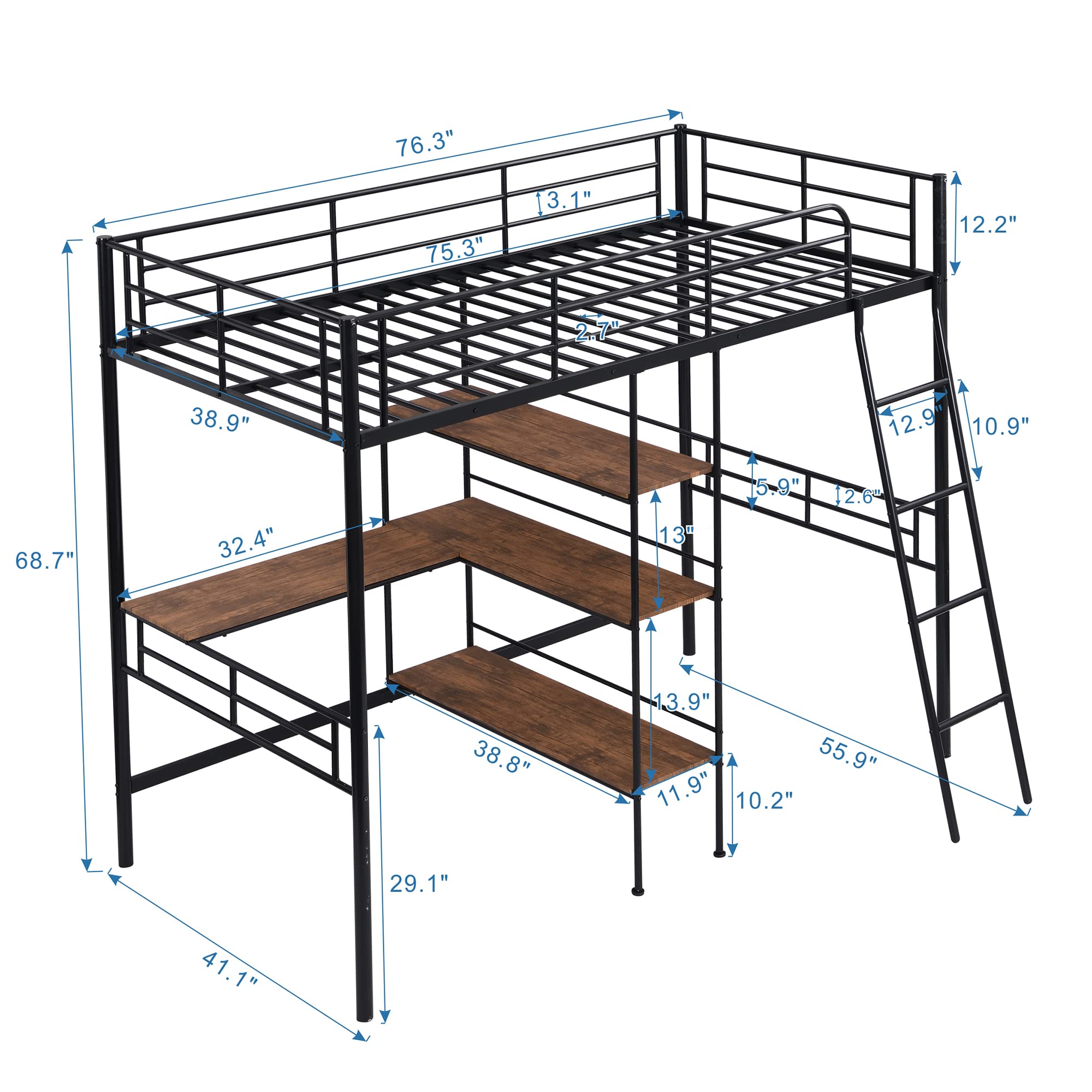 Twin Size Loft Bed with Built-in Desk & 3-Tier Shelves - Under-Bed Workstation, Metal Bed Frame with Ladder & Guardrails - Space Saving Bedroom Furniture for Small Rooms, Dorms & Apartments (Black)