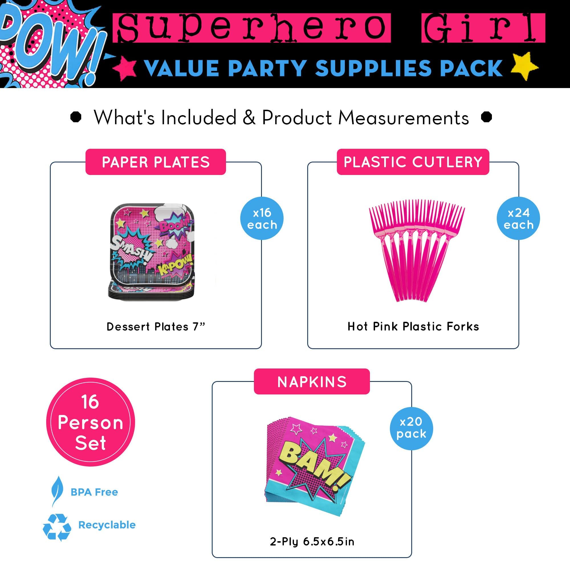Blue Orchards Superhero Girl Party Supplies Set - 60-Piece Decorations for 16 Guests | Super Girl Birthday Party Plates, Napkins & Decor | Superhero Themed Party Essentials for Kids' Birthday Celebrations & Special Events
