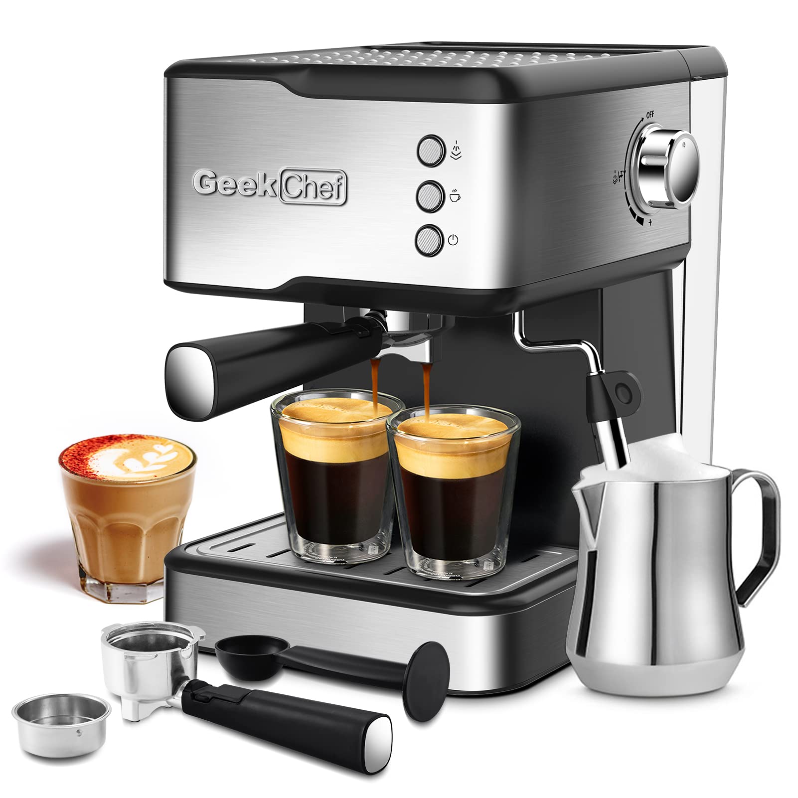Premium Geek Chef Espresso Machine - 20 Bar Pump Pressure with Milk Frother Steam Wand for Perfect Espresso & Cappuccino - 1.5L Water Tank, 950W, Black Stainless Steel - Ideal for Home Baristas & Coffee Lovers (Great for Morning Brews, Entertaining Guests & Coffee Shops)