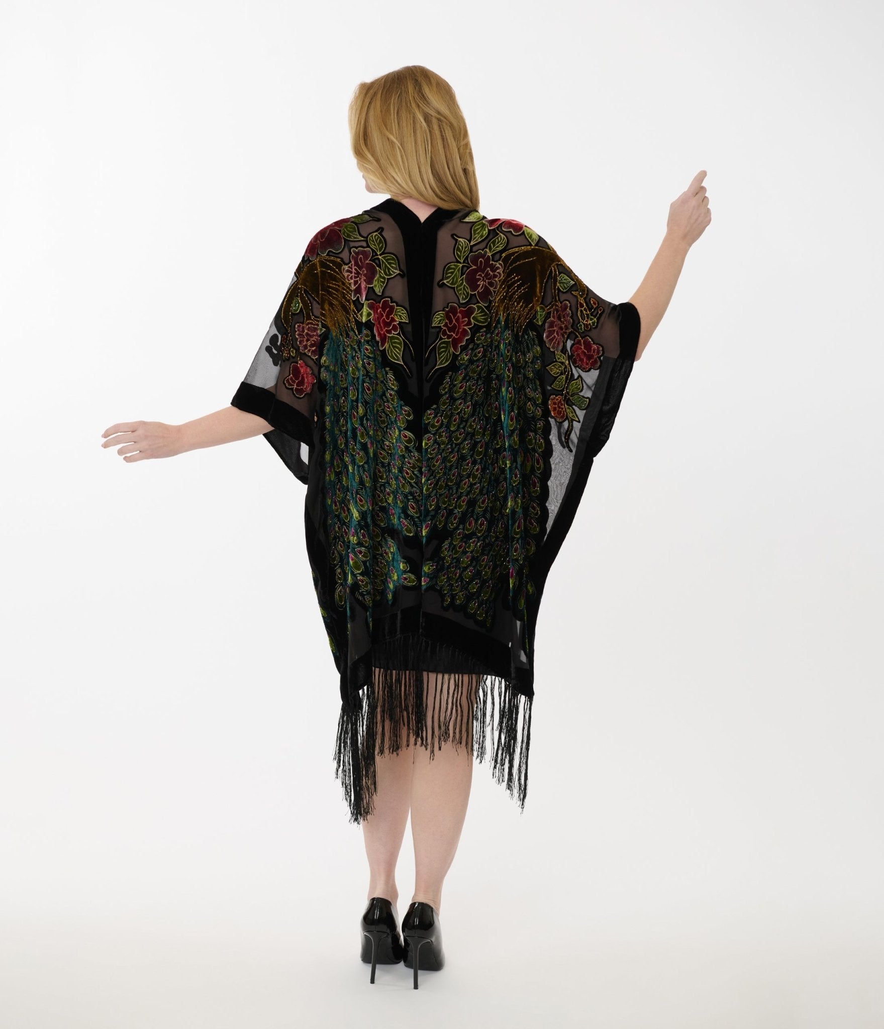 1920s Black Velvet Burnout Peacock Floral Fringe Scarf Coat - Vintage Flapper Shawl for Evening Parties, Costume Events & Gatsby-Themed Occasions