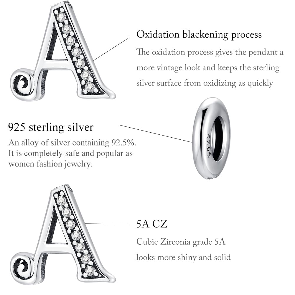 BETTY&SARAH 925 Sterling Silver Alphabet Initial Pendant Charms - Personalized Letter Charms for Bracelets & Necklaces - Women's Jewelry Gift for Birthday, Anniversary & Graduation