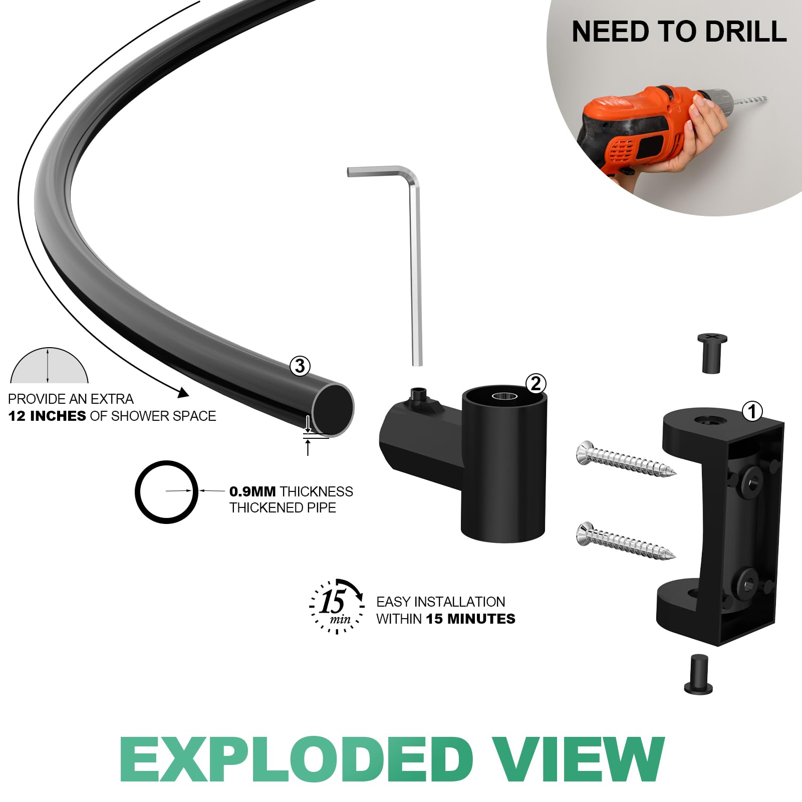 Adjustable Curved Shower Curtain Rod 38-72 Inches - Heavy Duty Metal Round Shower Rod with Rotating Brackets for Spacious Bathrooms (Black, Requires Drilling) - Perfect for Creating Extra Shower Space & Luxury Bathroom Experience