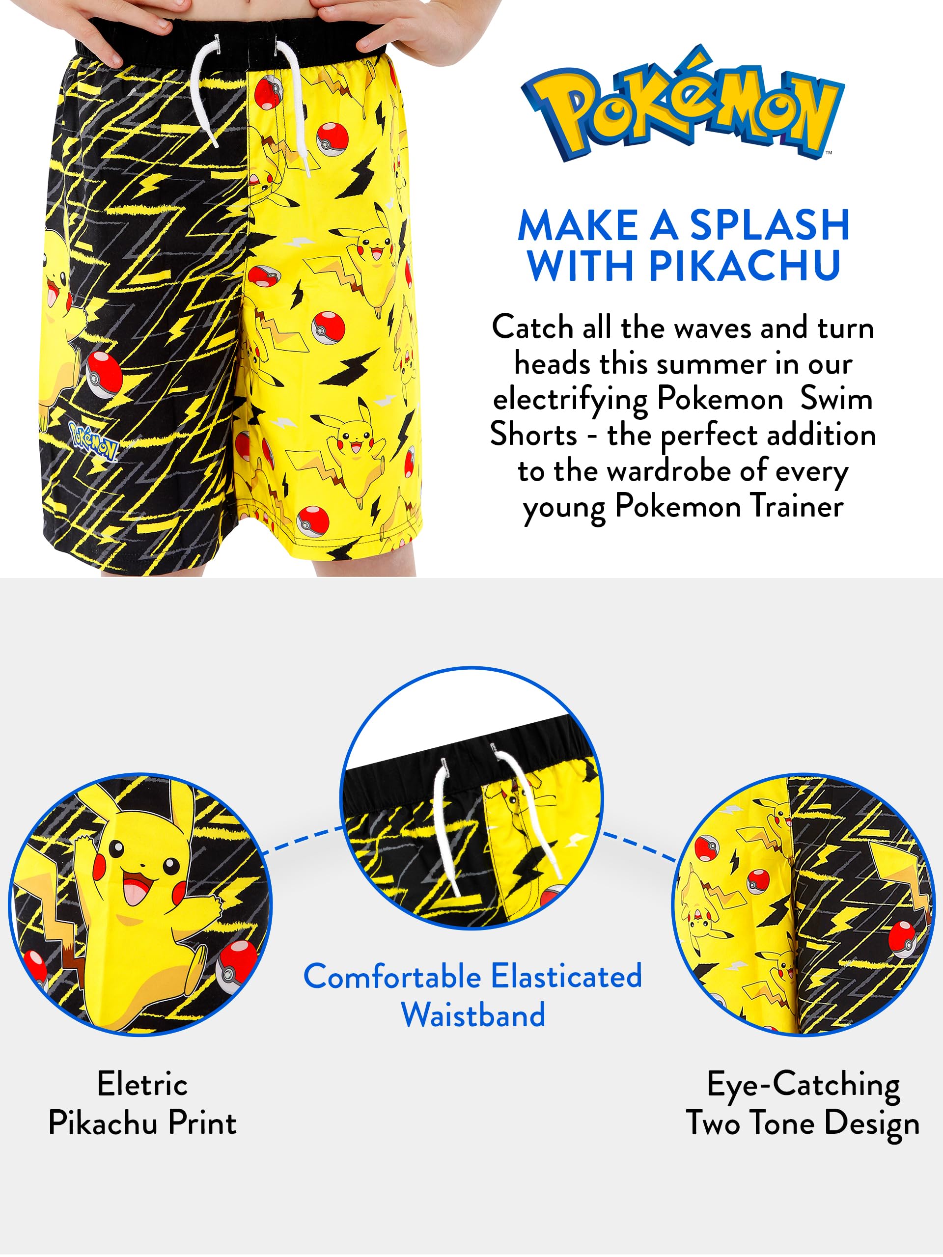 Pokemon Swim Shorts for Boys - Pikachu & Pokeball Swim Trunks | Quick-Dry Boys Swimwear | Sizes 4-10 | Perfect for Pool, Beach & Summer Water Activities