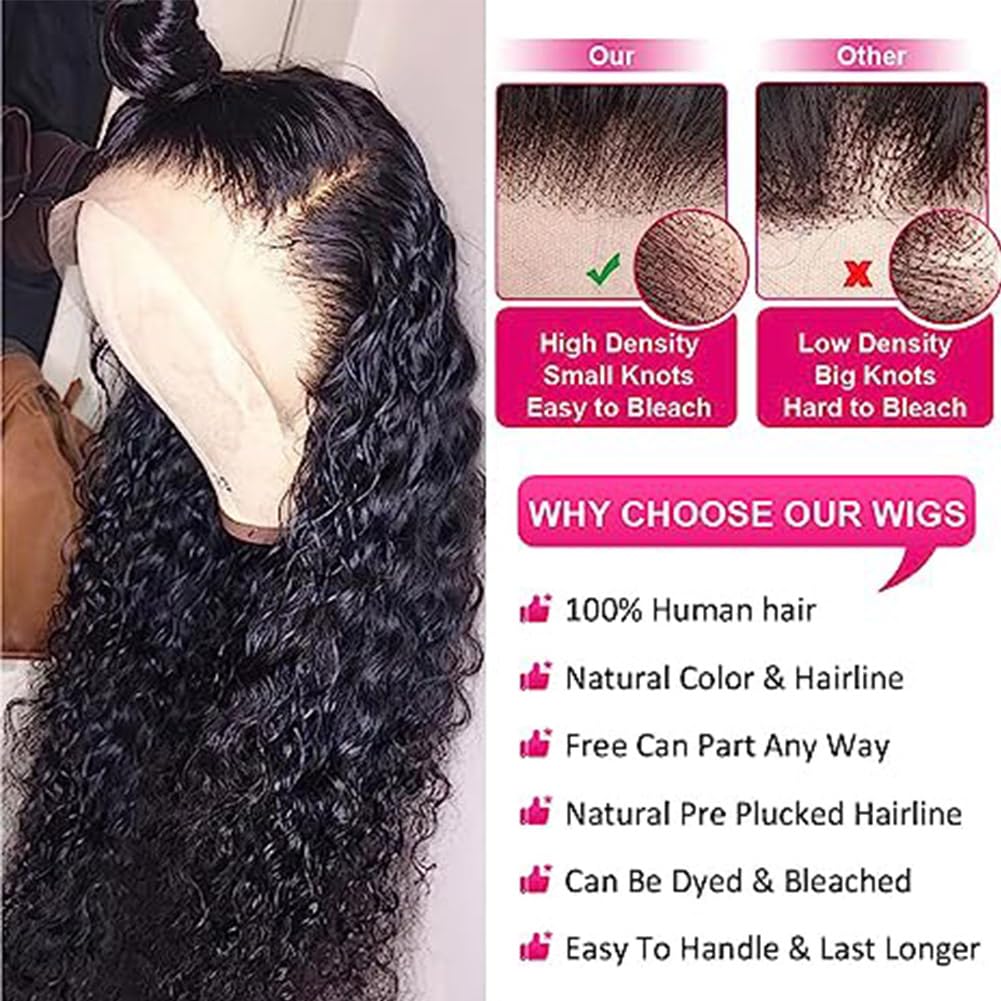 13x4 HD Lace Front Wigs Human Hair - Glueless Pre Plucked 180% Density Wet & Wavy Water Curly with Baby Hair - 28 Inch Natural Black Women Wigs for Daily Wear, Parties & Special Occasions