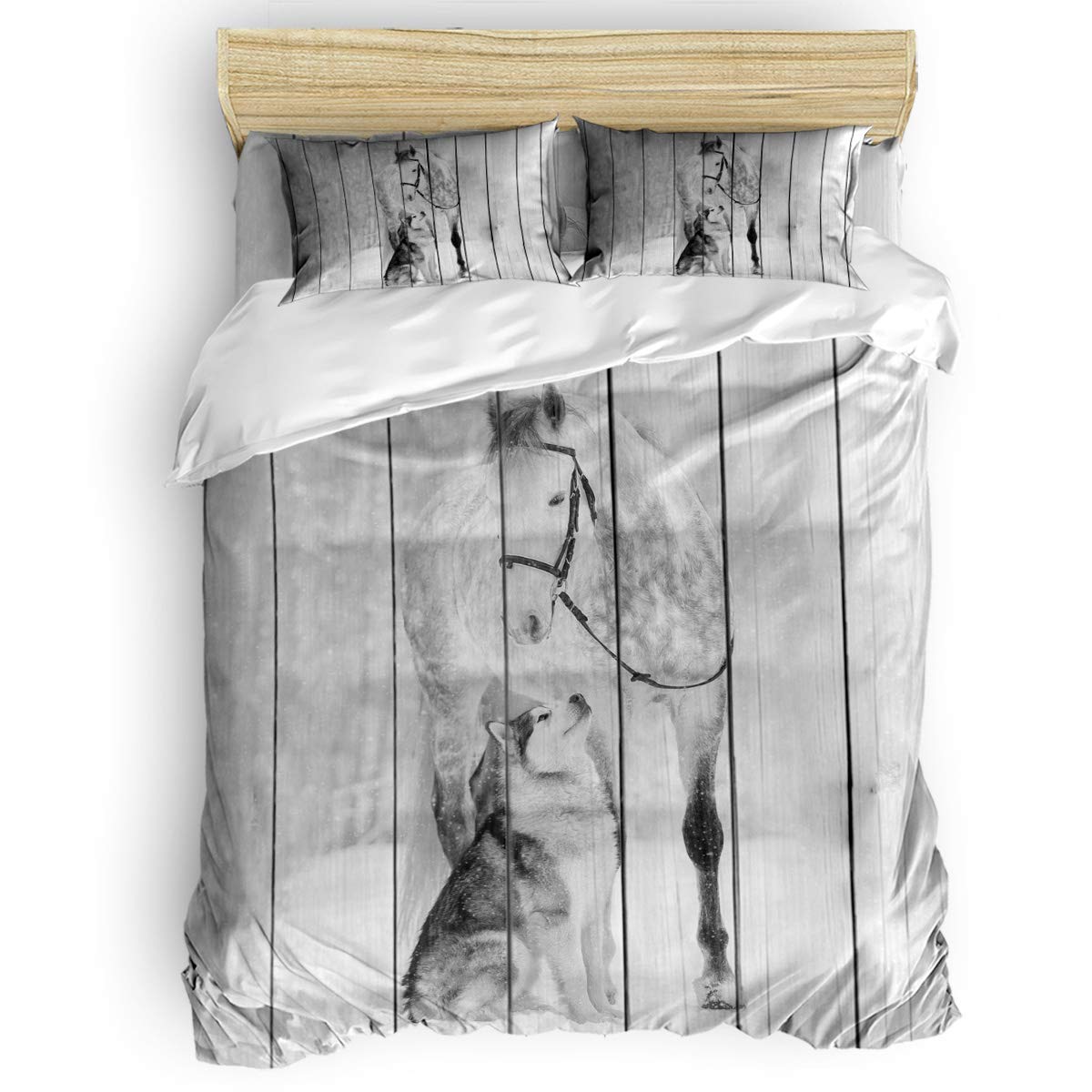 **Soft & Durable Kids Duvet Cover Set - Full Size White Horse & Husky Snow Christmas Bedding with Zipper (1 Flat Sheet, 1 Duvet Cover, 2 Pillowcases) - Perfect for Teens' Bedroom, Holiday Decor & Cozy Winter Nights**