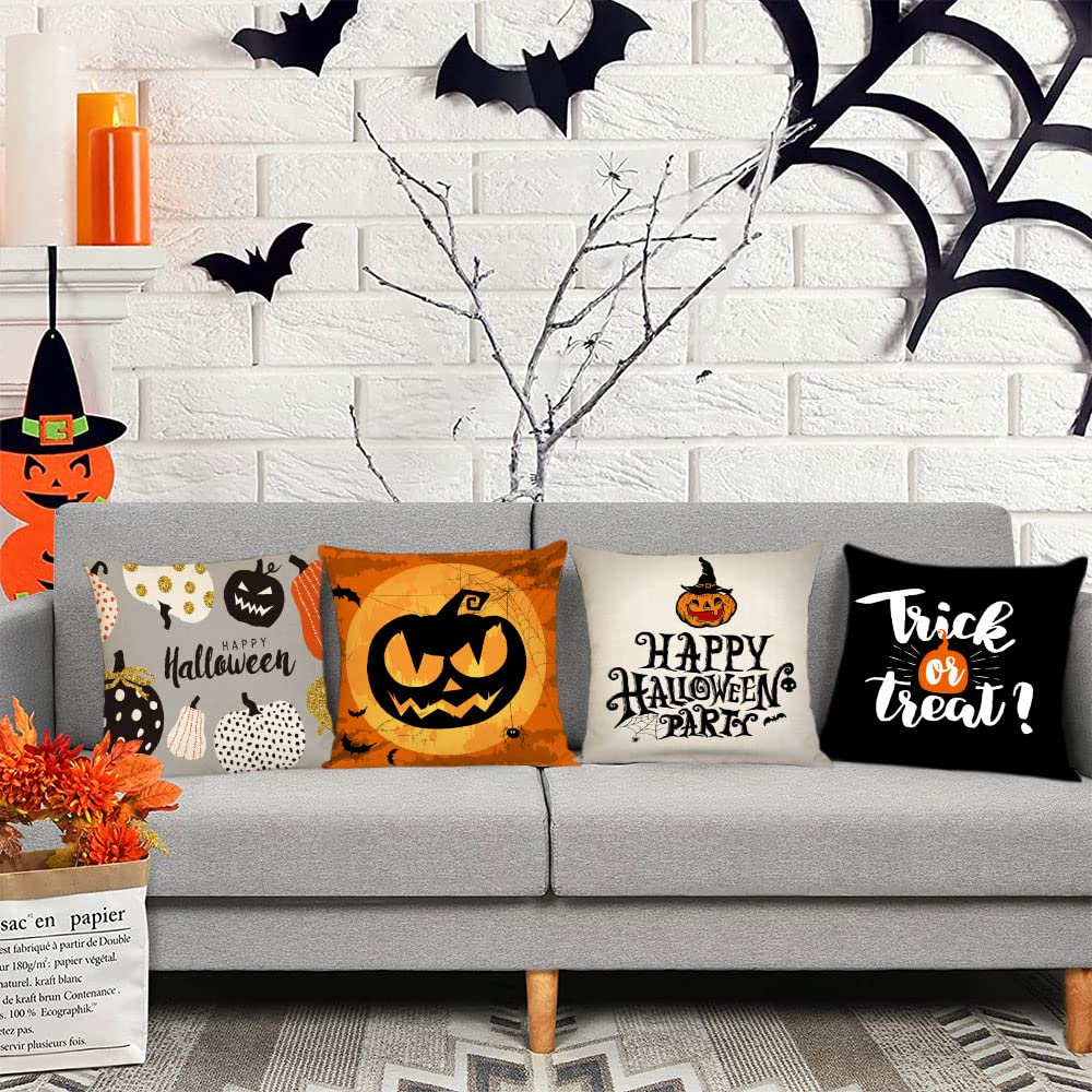 Spooky Halloween Throw Pillow Covers Set of 4 - 20x20 Inch Decorative Fall Pillowcases with Scary Pumpkin & Bat Designs for Sofa, Couch, Bed - Perfect for Indoor & Outdoor Halloween Decorations, Party, Haunted House Theme