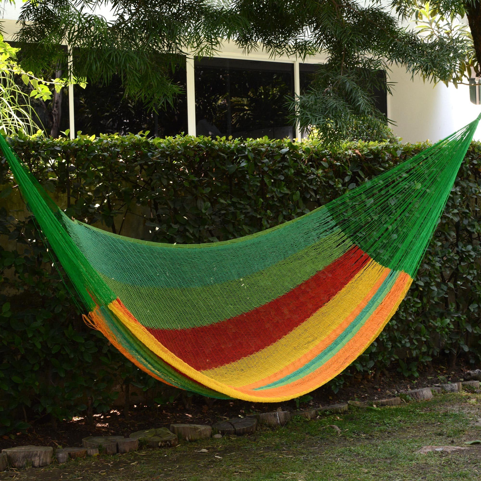 NOVICA Double XL Mayan Rope Hammock - Handwoven Cotton with Green, Yellow & Red Stripes - 2 Person Hammock for Outdoor Relaxation, Backyard Lounging & Beach Vacations