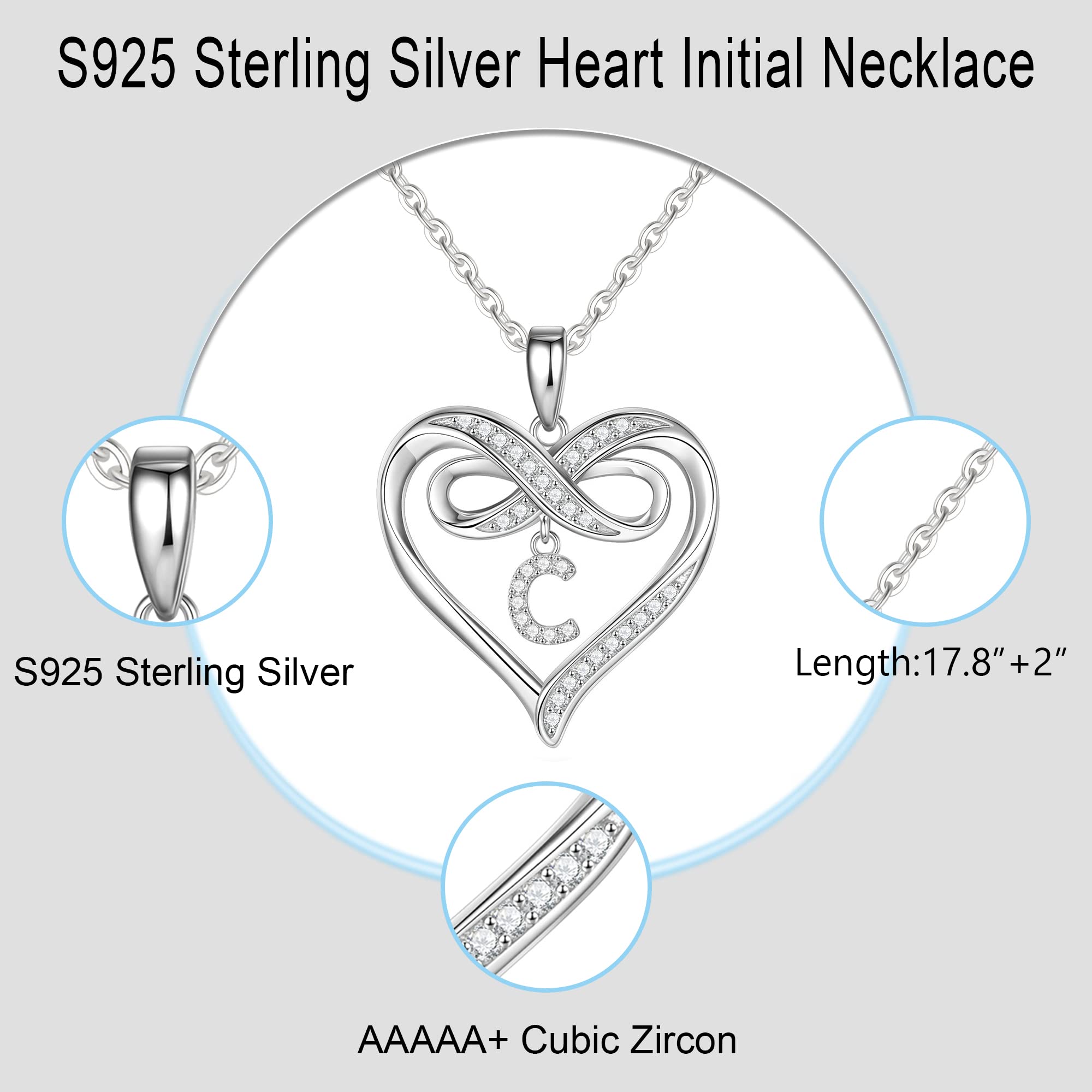 Infinity Heart Initial Necklace for Women - 925 Sterling Silver Personalized Name Necklace, Dainty Heart Pendant Jewelry Gift for Her, Perfect for Valentine's Day, Anniversary, Birthday & Everyday Wear